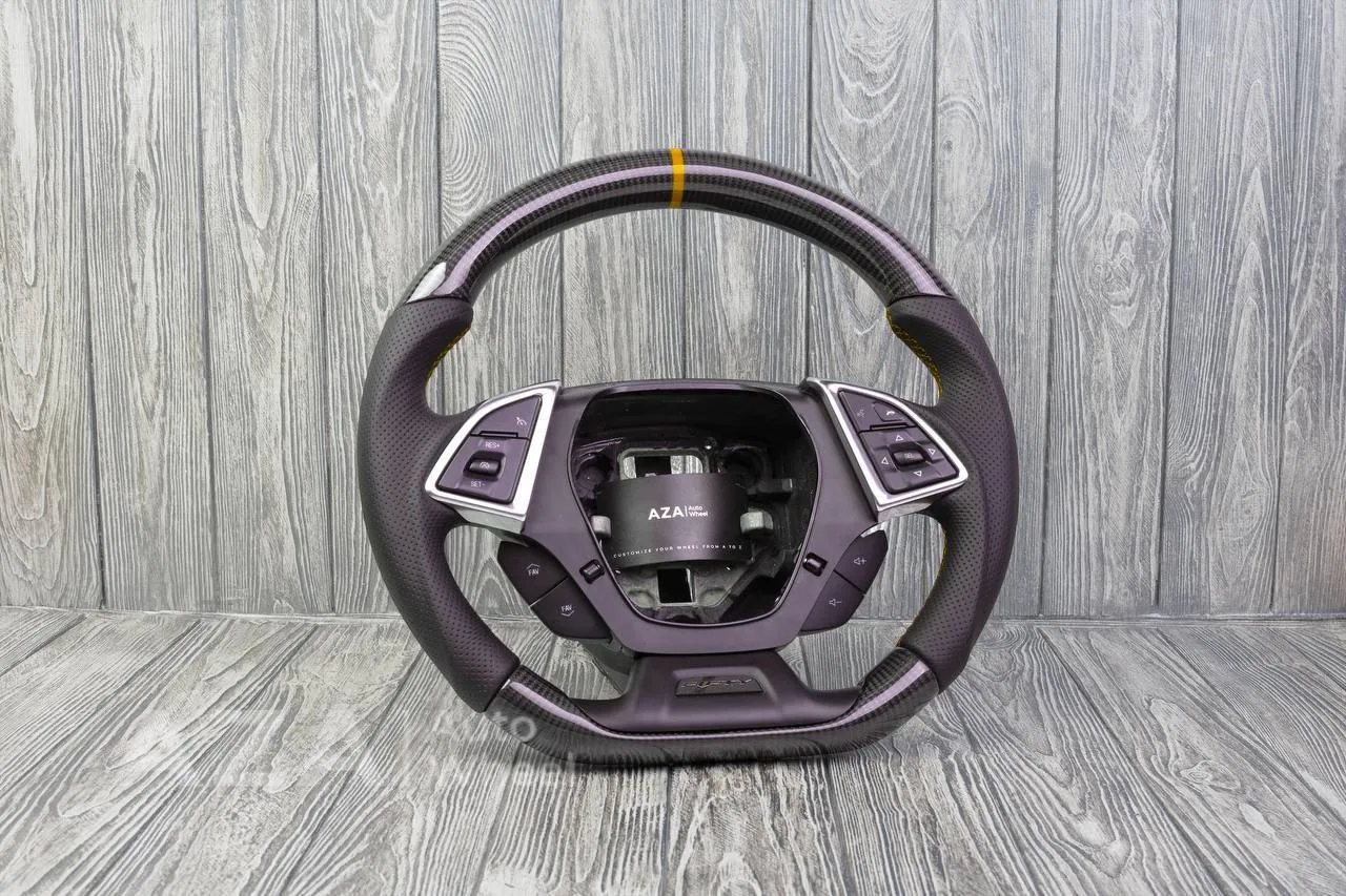 Steering wheel Chevrolet Camaro 2016+ Custom paddle shifters Carbon fiber/Perforated leather/Yellow stripe - Image 5