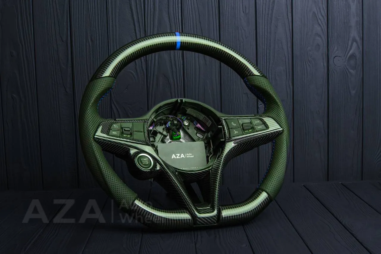 Steering wheel Alfa Romeo Giulia stelvio 2017-2019 Carbon fiber/Perforated leather/Blue stripe (can be any color) - Image 5