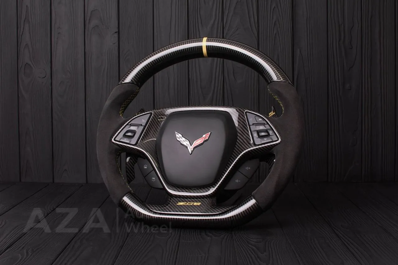 Steering wheel Chevrolet Corvette C7 2014-2019 Flat bottom (can be any color stripe and stitch) Carbon fiber/Alcantara/Beige stripe (can be rev match or +/- logo) - Image 3