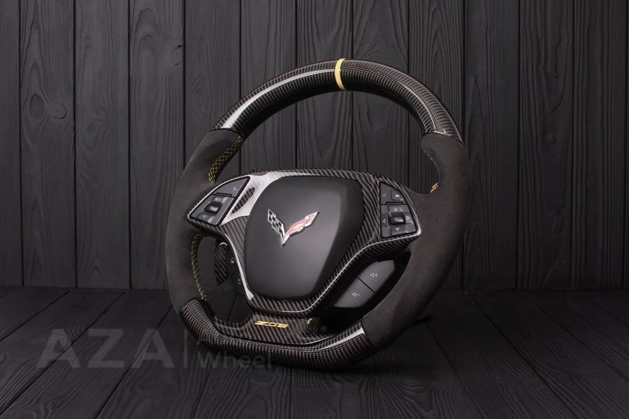 Steering wheel Chevrolet Corvette C7 2014-2019 Flat bottom (can be any color stripe and stitch) Carbon fiber/Alcantara/Beige stripe (can be rev match or +/- logo) - Image 4