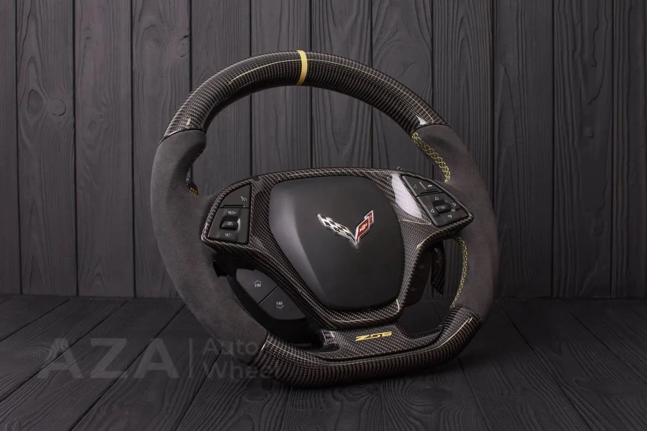 Steering wheel Chevrolet Corvette C7 2014-2019 Flat bottom (can be any color stripe and stitch) Carbon fiber/Alcantara/Beige stripe (can be rev match or +/- logo) - Image 6