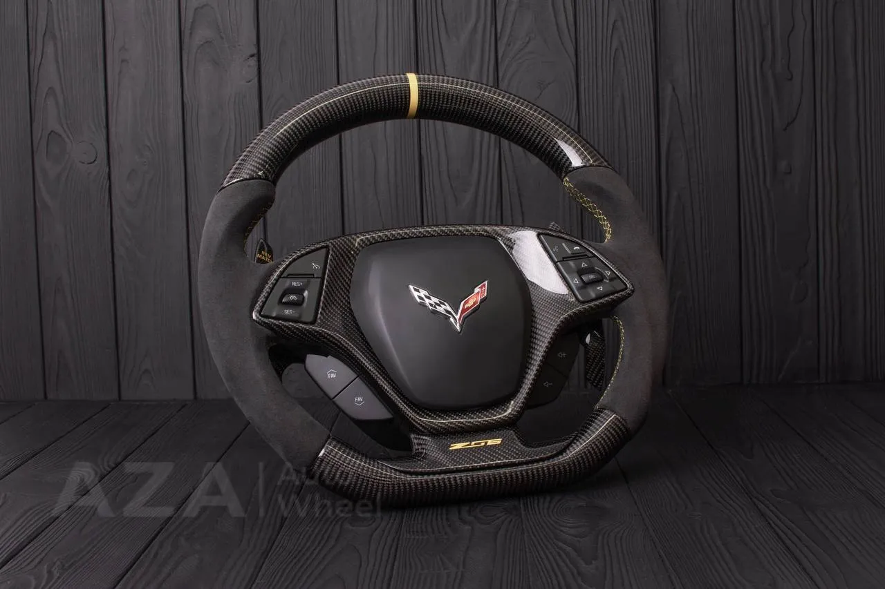 Steering wheel Chevrolet Corvette C7 2014-2019 Flat bottom (can be any color stripe and stitch) Carbon fiber/Alcantara/Beige stripe (can be rev match or +/- logo) - Image 5