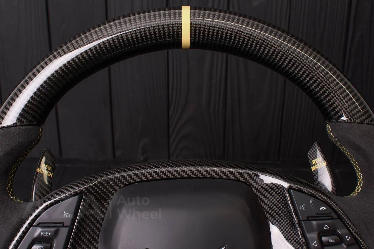 Steering wheel Chevrolet Corvette C7 2014-2019 Flat bottom (can be any color stripe and stitch) Carbon fiber/Alcantara/Beige stripe (can be rev match or +/- logo) - Image 17