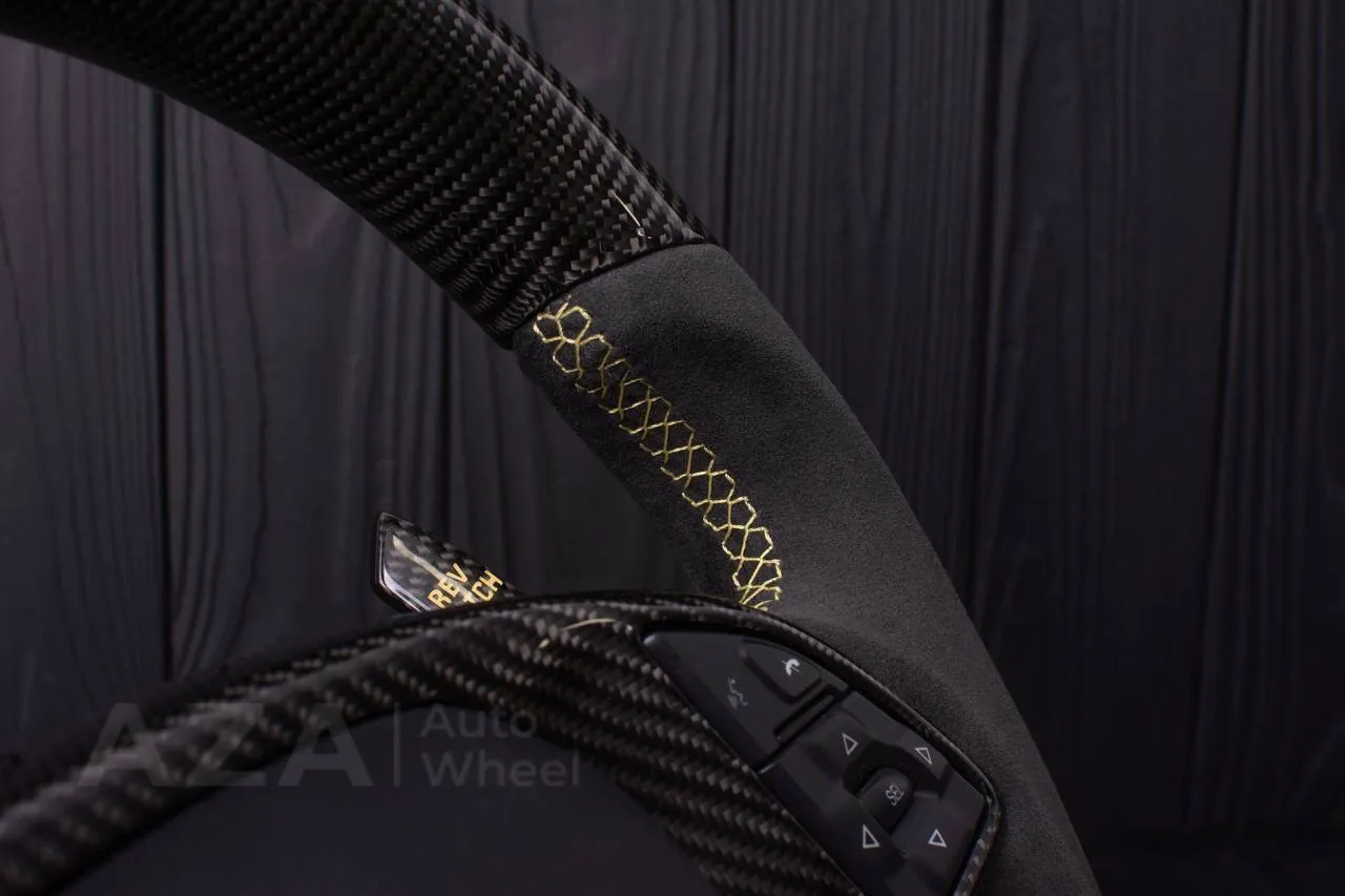 Steering wheel Chevrolet Corvette C7 2014-2019 Flat bottom (can be any color stripe and stitch) Carbon fiber/Alcantara/Beige stripe (can be rev match or +/- logo) - Image 7