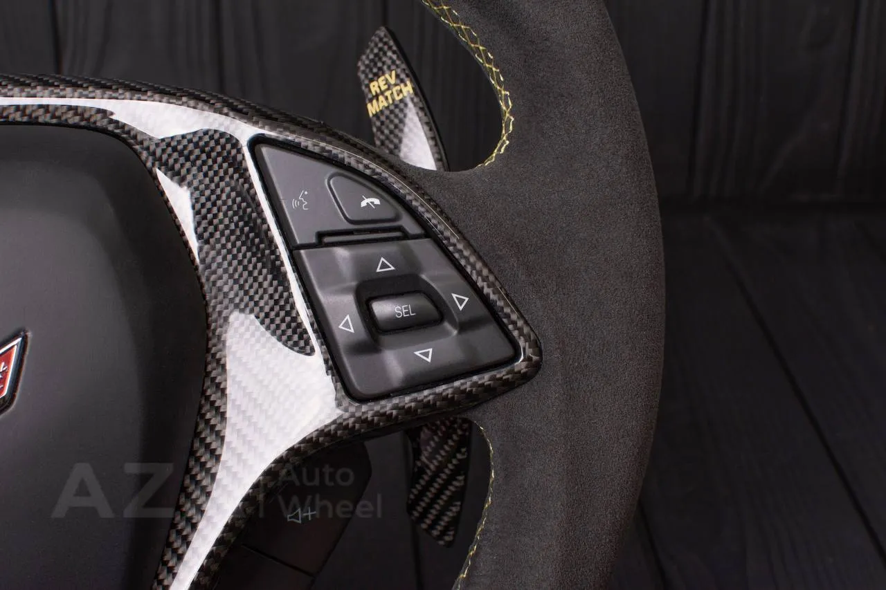 Steering wheel Chevrolet Corvette C7 2014-2019 Flat bottom (can be any color stripe and stitch) Carbon fiber/Alcantara/Beige stripe (can be rev match or +/- logo) - Image 9
