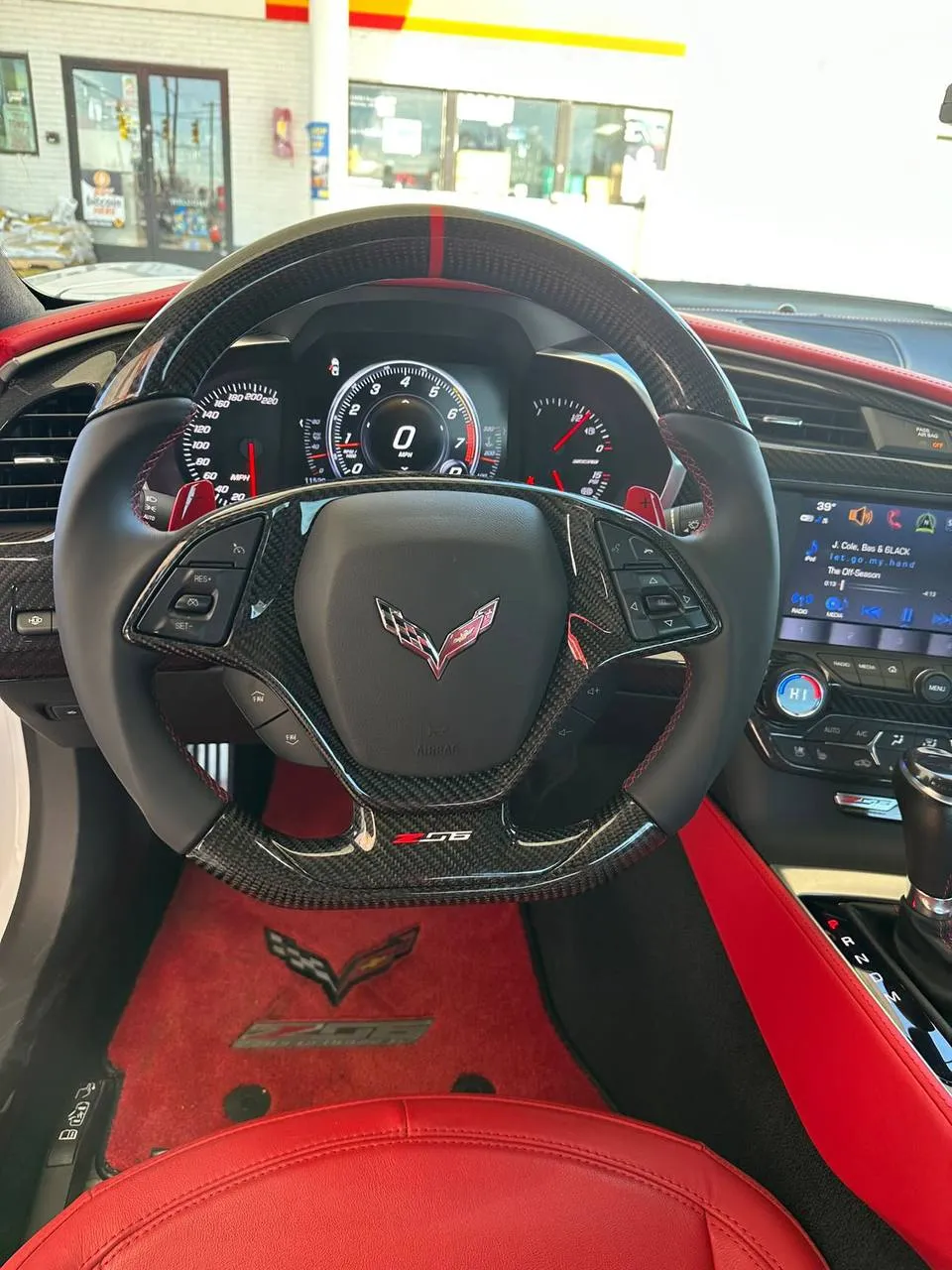 Steering wheel Chevrolet Corvette C7 2014-2019 Flat bottom (can be any color stripe and stitch) Carbon fiber/Napa/Red stripe - Image 17