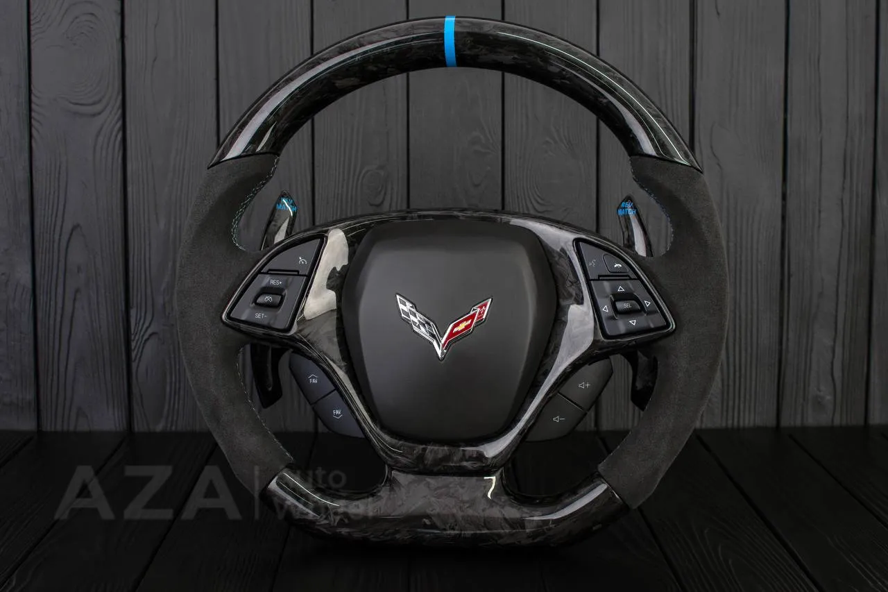 Steering wheel Chevrolet Corvette C7 2014-2019 (can be any color stripe and stitch) Forged carbon fiber/Alcantara/Blue stripe