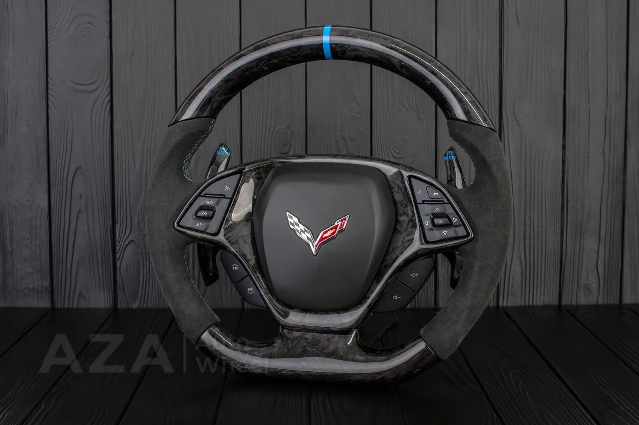Steering wheel Chevrolet Corvette C7 2014-2019 (can be any color stripe and stitch) Forged carbon fiber/Alcantara/Blue stripe - Image 3