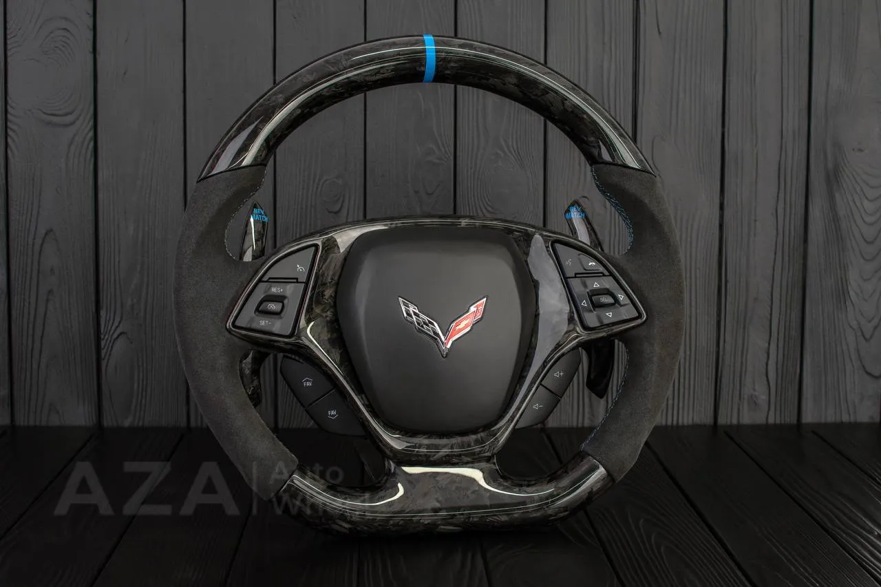 Steering wheel Chevrolet Corvette C7 2014-2019 (can be any color stripe and stitch) Forged carbon fiber/Alcantara/Blue stripe - Image 4