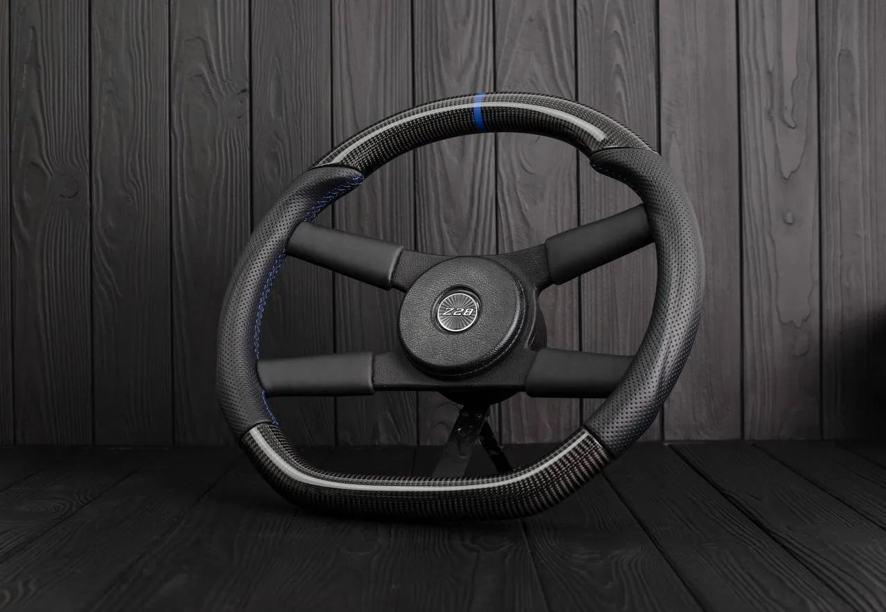 Steering wheel Chevrolet Camaro Iroc Z28 Berlinetta 1982-89 Custom flat bottom Carbon fiber/Perforated leather/Blue stripe - Image 3