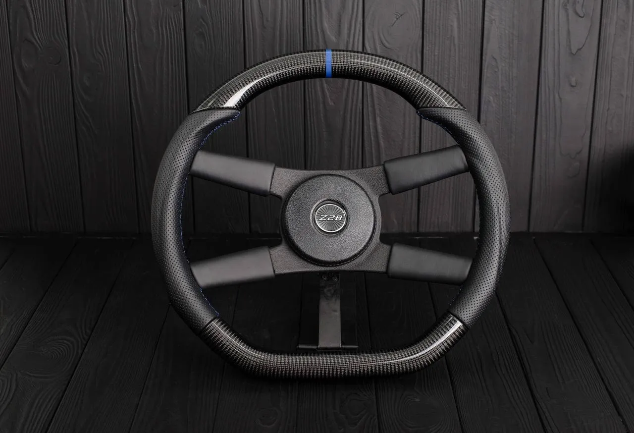 Steering wheel Chevrolet Camaro Iroc Z28 Berlinetta 1982-89 Custom flat bottom Carbon fiber/Perforated leather/Blue stripe