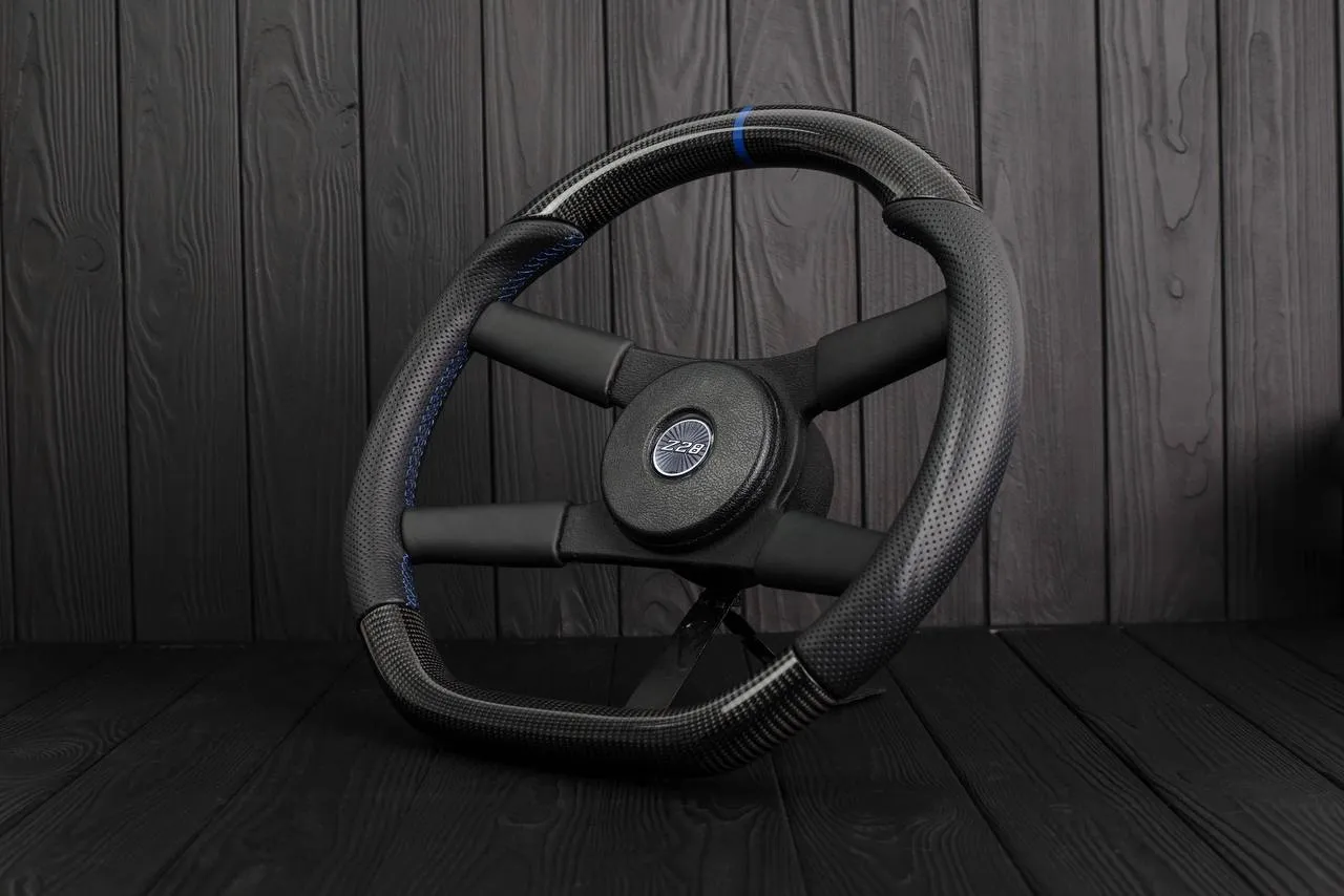 Steering wheel Chevrolet Camaro Iroc Z28 Berlinetta 1982-89 Custom flat bottom Carbon fiber/Perforated leather/Blue stripe - Image 4