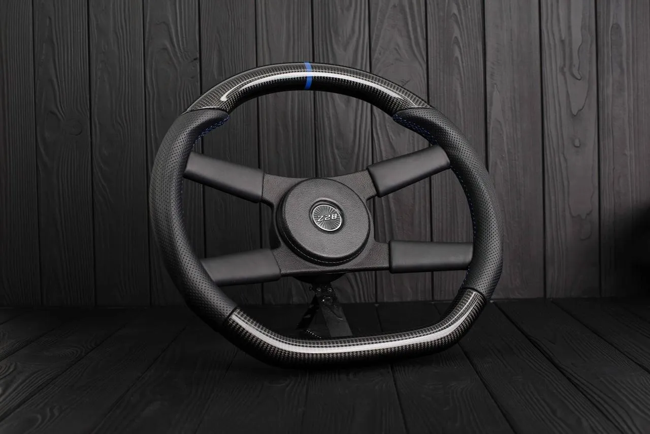 Steering wheel Chevrolet Camaro Iroc Z28 Berlinetta 1982-89 Custom flat bottom Carbon fiber/Perforated leather/Blue stripe - Image 5