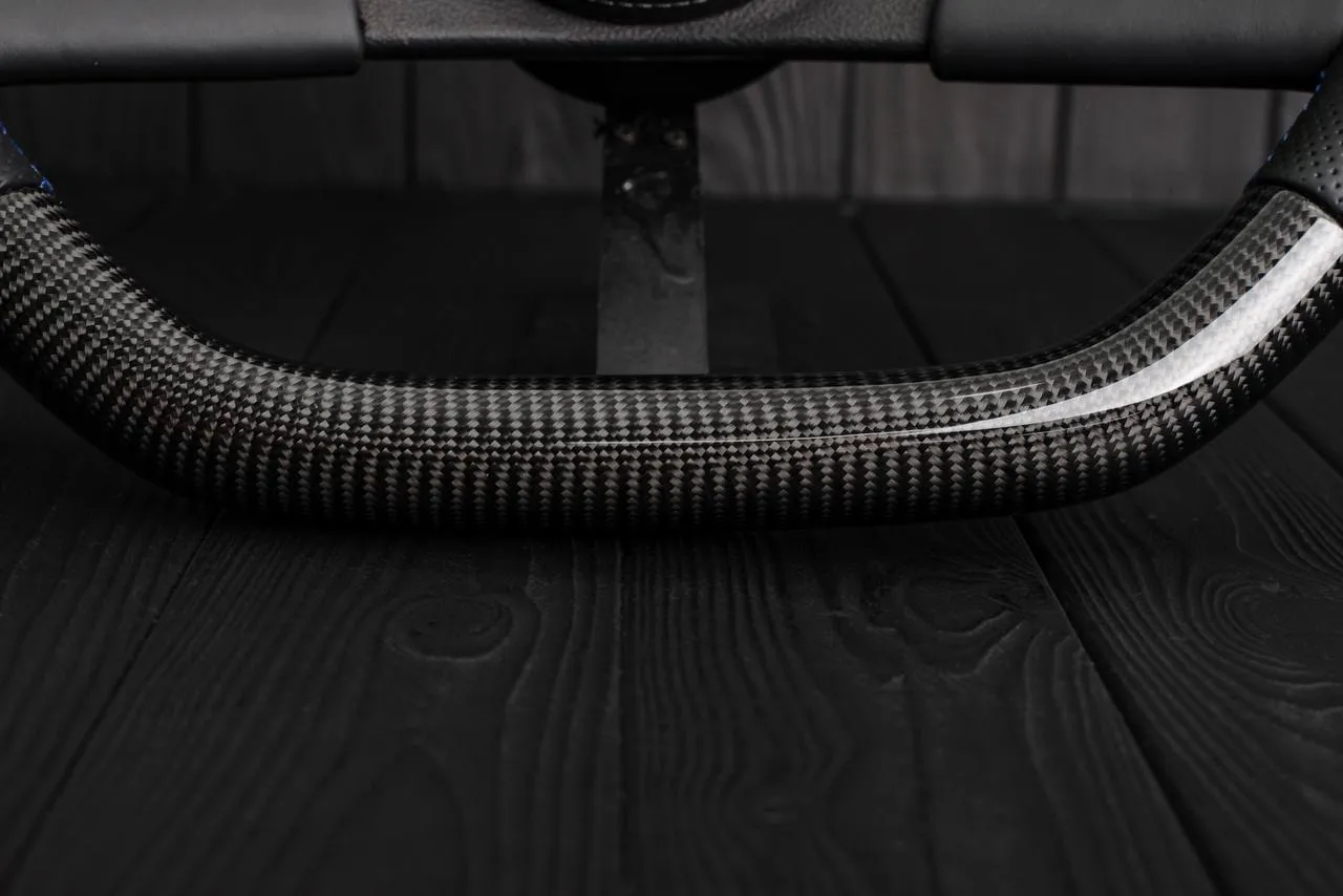 Steering wheel Chevrolet Camaro Iroc Z28 Berlinetta 1982-89 Custom flat bottom Carbon fiber/Perforated leather/Blue stripe - Image 12