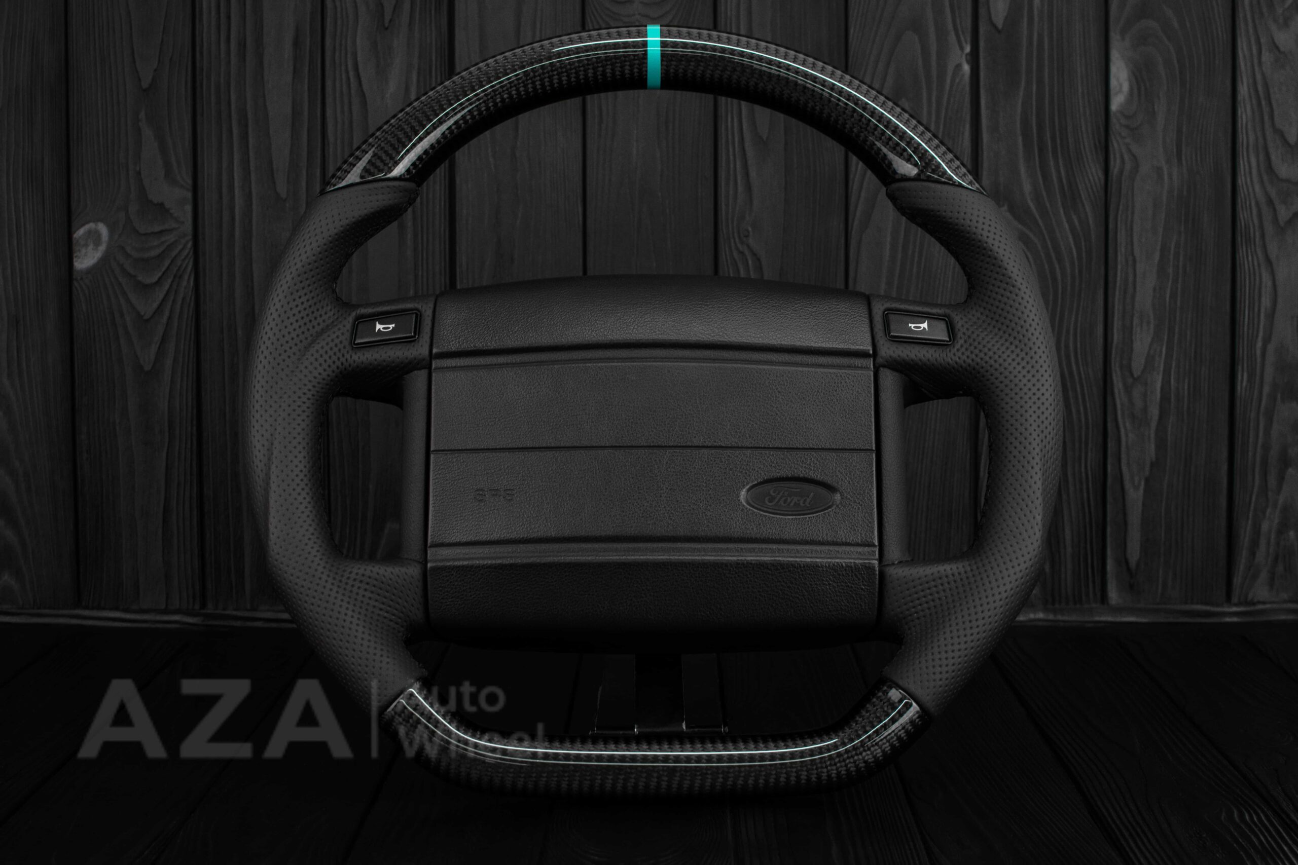 Steering wheel Fox Body Ford Mustang GT Cobra SVT Saleen Carbon fiber/Perforated leather/Teal Stripe