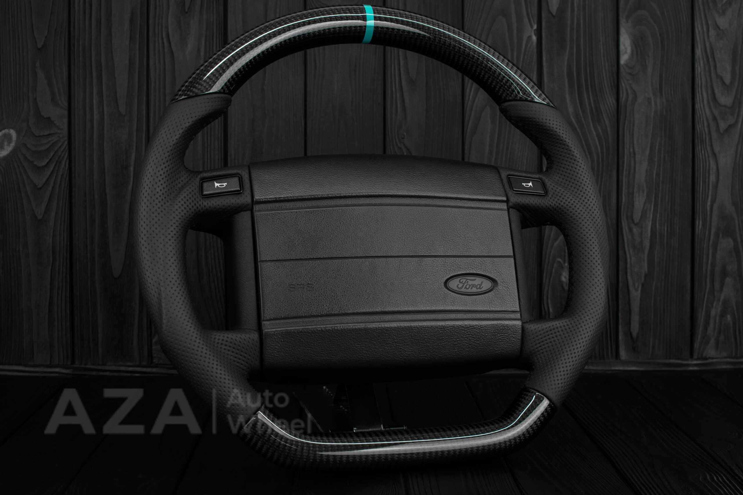 Steering wheel Fox Body Ford Mustang GT Cobra SVT Saleen Carbon fiber/Perforated leather/Teal Stripe - Image 4