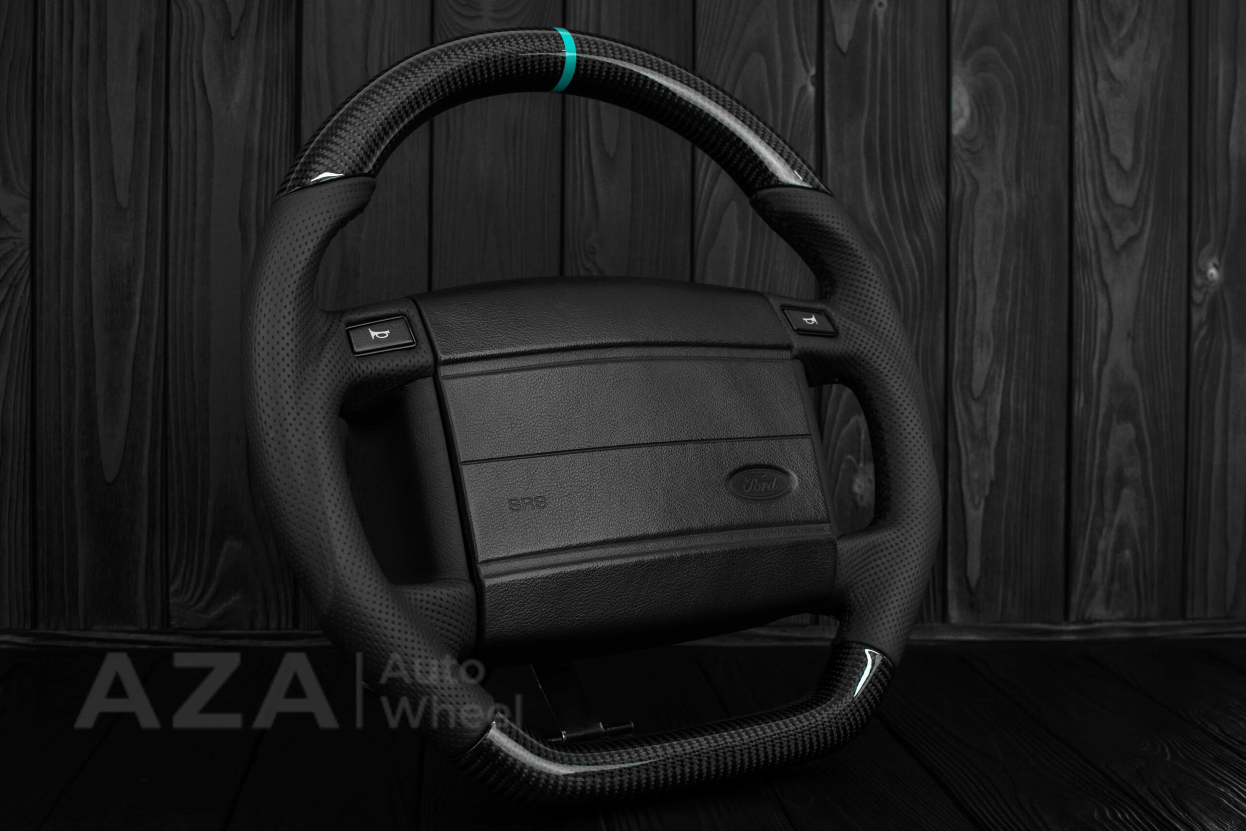 Steering wheel Fox Body Ford Mustang GT Cobra SVT Saleen Carbon fiber/Perforated leather/Teal Stripe - Image 3