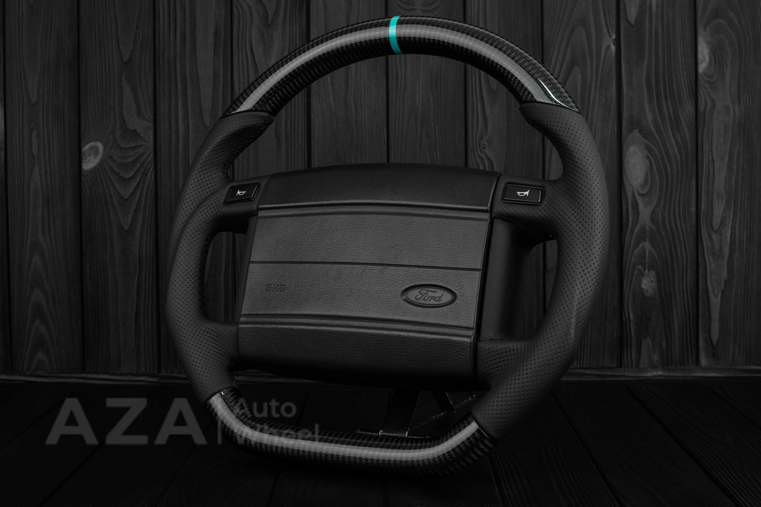 Steering wheel Fox Body Ford Mustang GT Cobra SVT Saleen Carbon fiber/Perforated leather/Teal Stripe - Image 5
