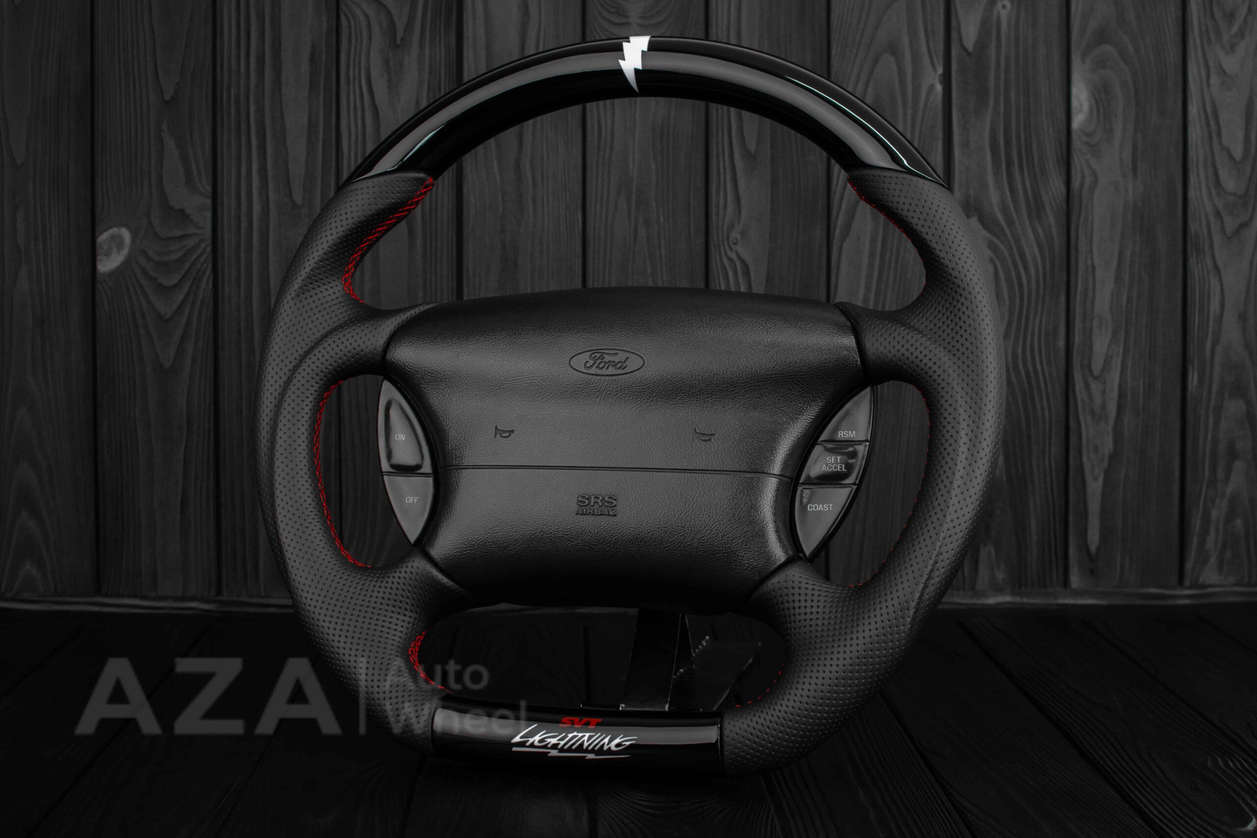 Steering wheel Ford Lightning/Ranger/Explorer 99-2004 Piano Black/Napa leather/Red Stitch - Image 6