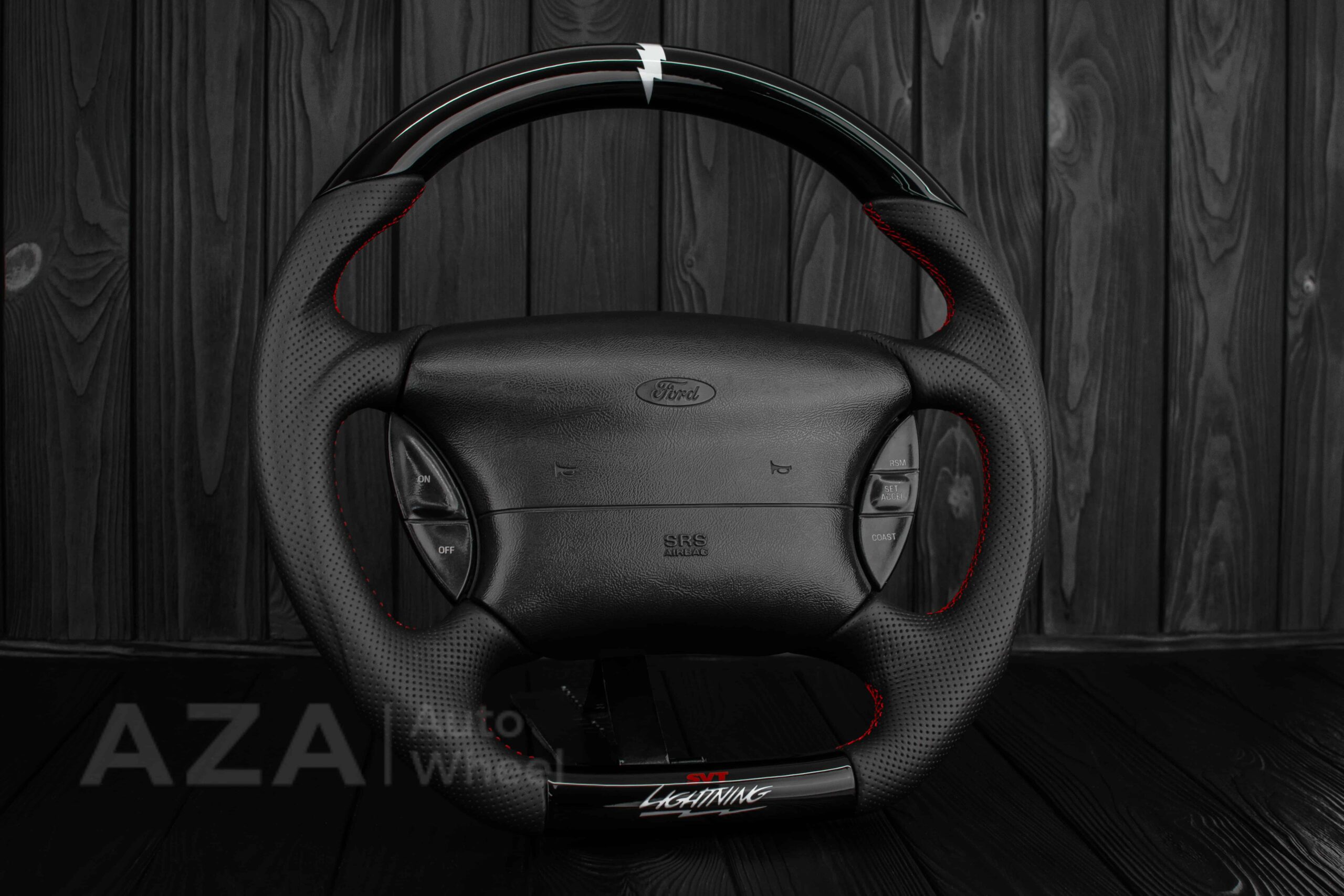 Steering wheel Ford Lightning/Ranger/Explorer 99-2004 Piano Black/Napa leather/Red Stitch - Image 3
