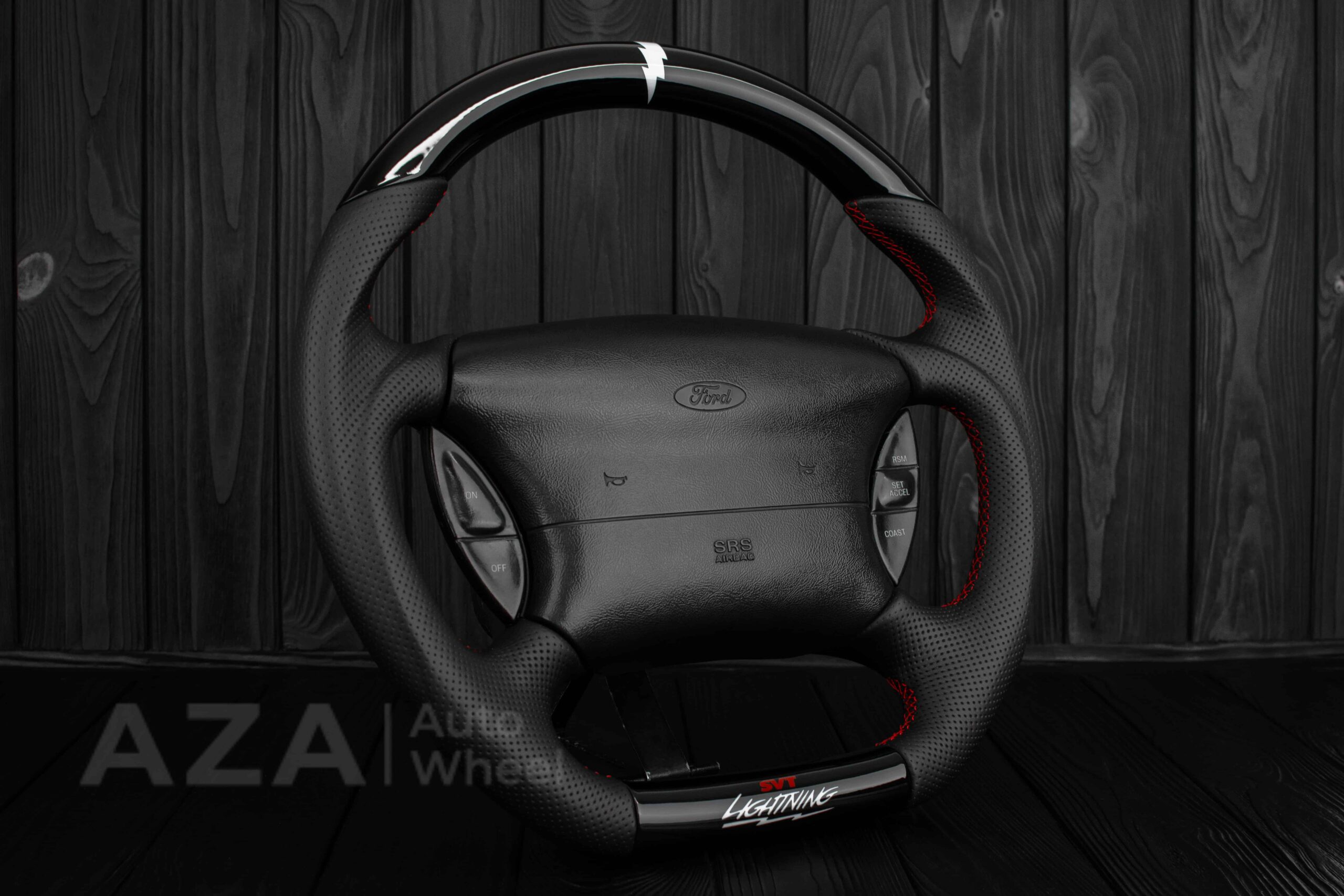 Steering wheel Ford Lightning/Ranger/Explorer 99-2004 Piano Black/Napa leather/Red Stitch - Image 4
