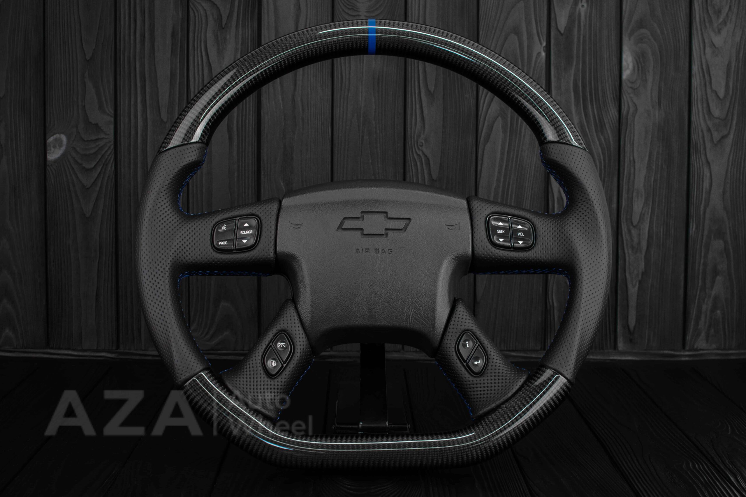 Steering wheel GM, Silverado, Sierra, Yukon, H2, Trailblazer (2003+) Carbon fiber/Perforated leather/Blue details