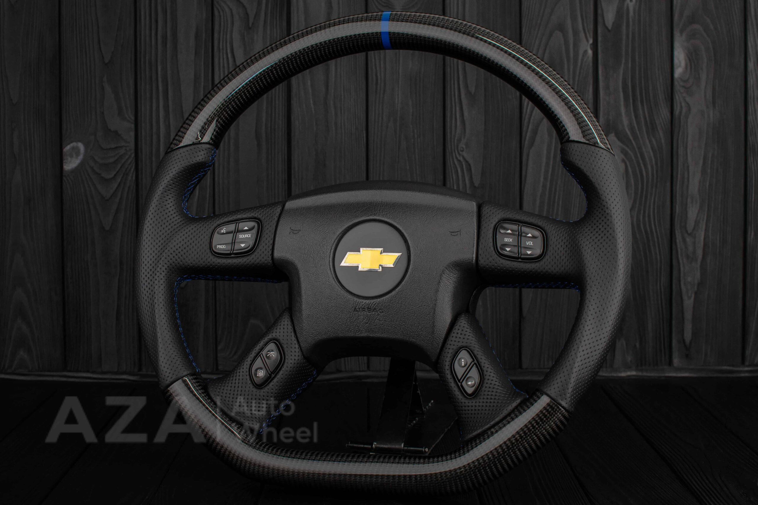 Steering wheel GM, Silverado, Sierra, Yukon, H2, Trailblazer (2003+) Carbon fiber/Perforated leather/Blue details - Image 5