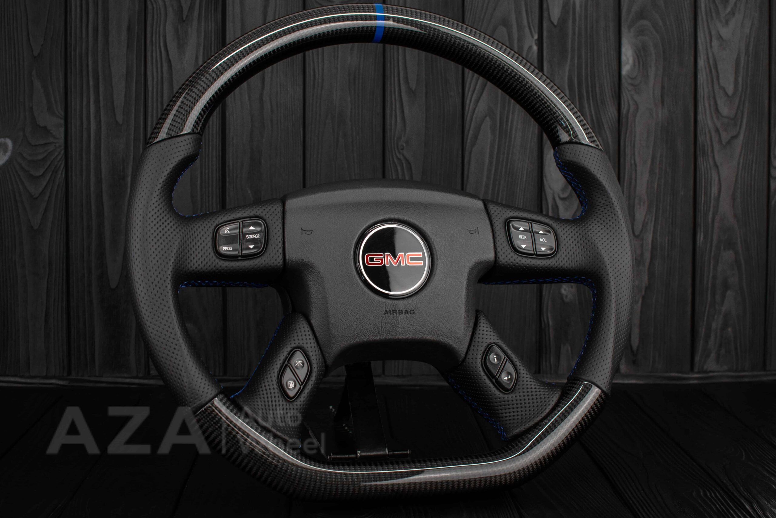 Steering wheel GM, Silverado, Sierra, Yukon, H2, Trailblazer (2003+) Carbon fiber/Perforated leather/Blue details - Image 3