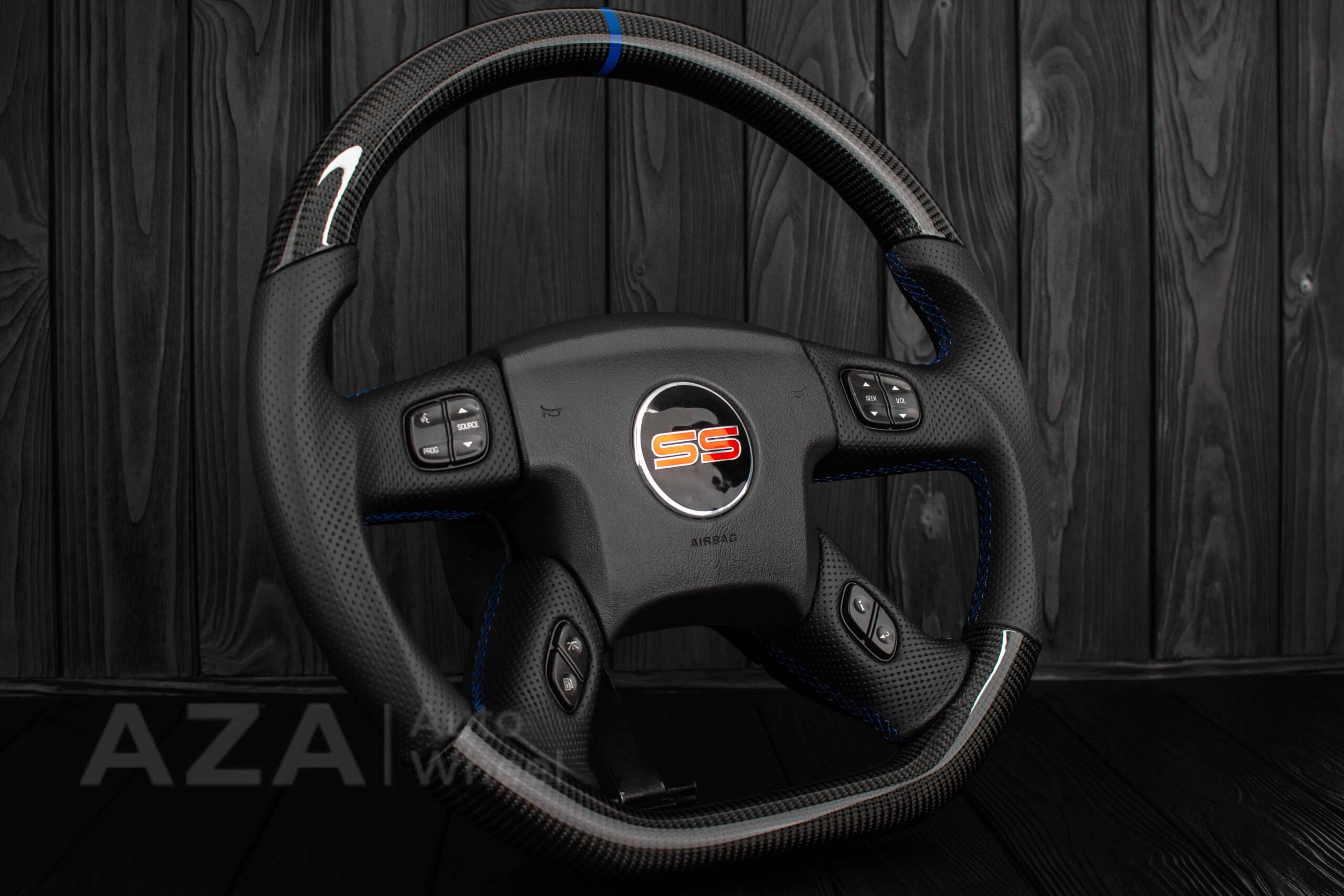 Steering wheel GM, Silverado, Sierra, Yukon, H2, Trailblazer (2003+) Carbon fiber/Perforated leather/Blue details - Image 4