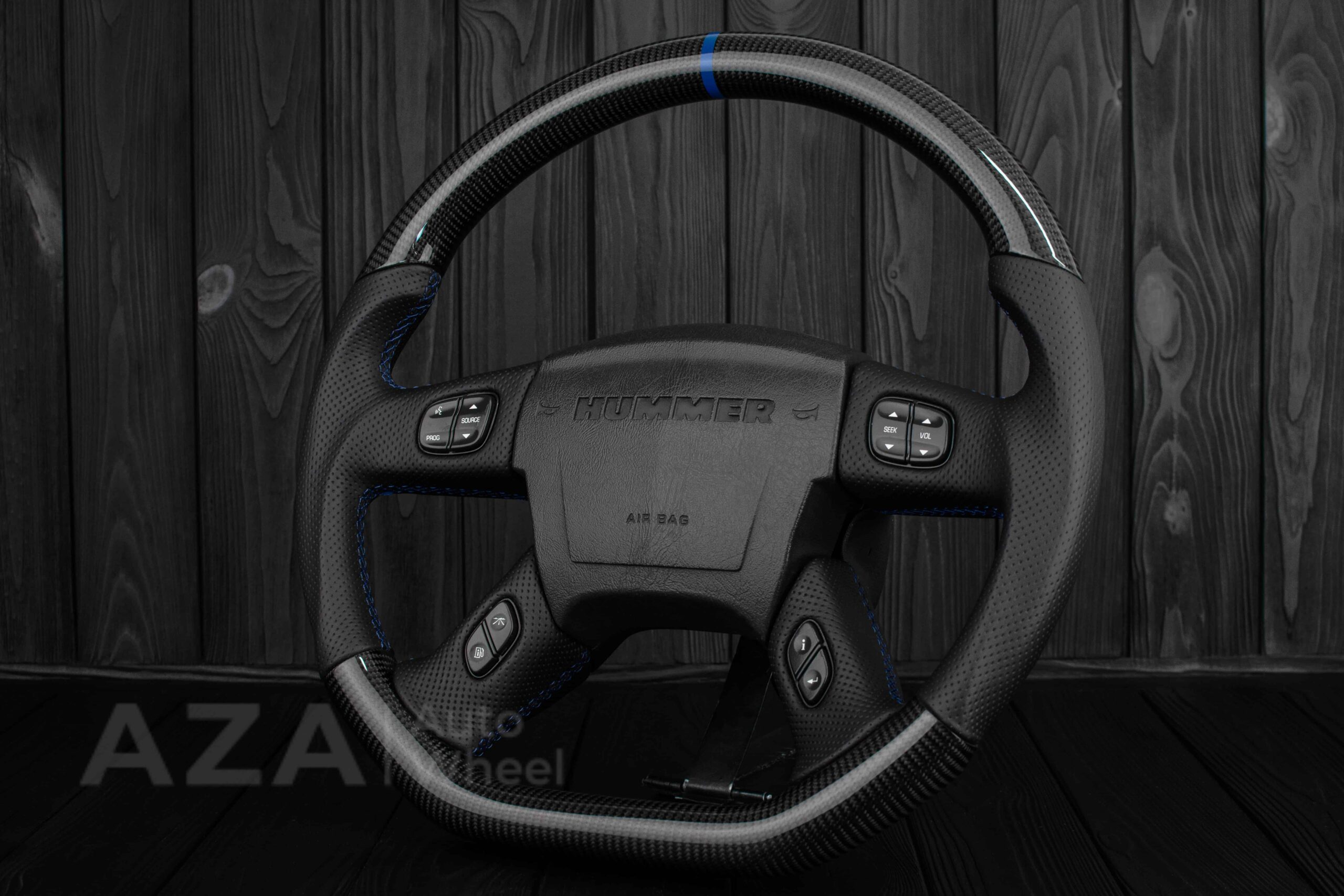 Steering wheel GM, Silverado, Sierra, Yukon, H2, Trailblazer (2003+) Carbon fiber/Perforated leather/Blue details - Image 6