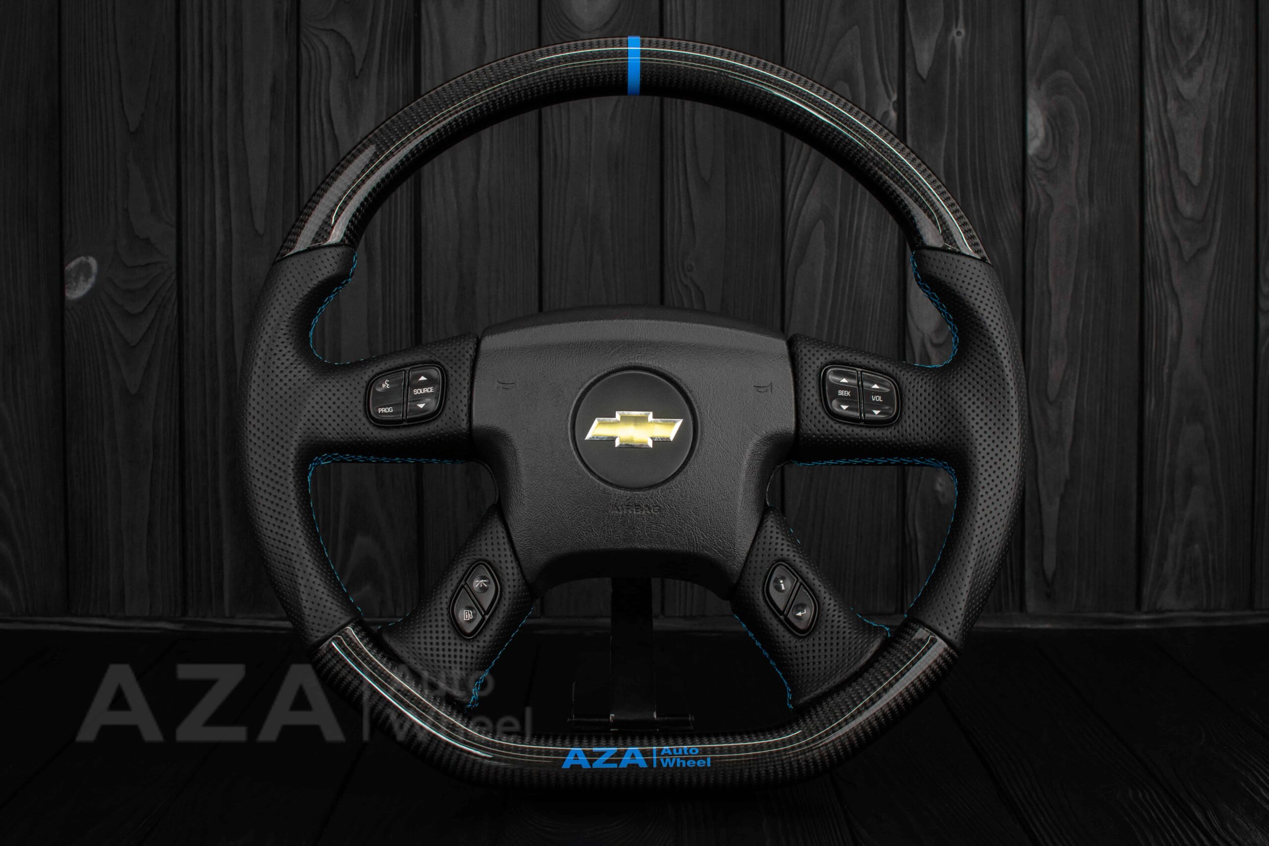 Steering wheel GM, Silverado, Sierra, Yukon, H2, Trailblazer (2003+) Carbon fiber/Perforated leather/Light Blue/Aza Auto Wheel Special Edition