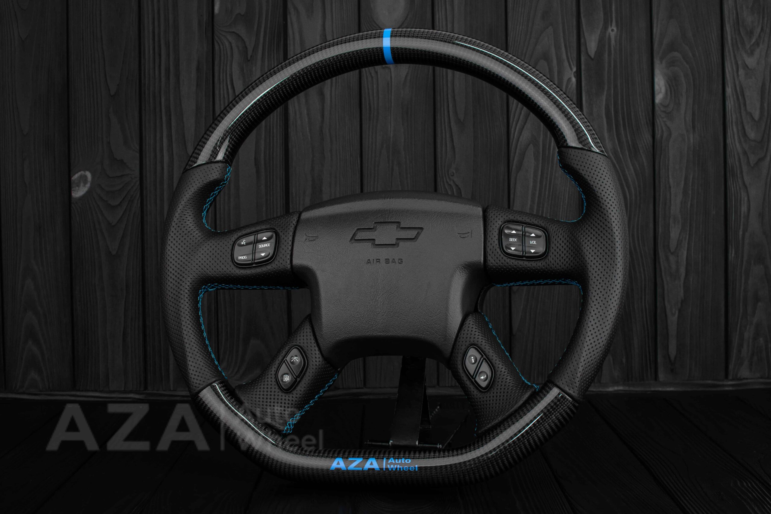 Steering wheel GM, Silverado, Sierra, Yukon, H2, Trailblazer (2003+) Carbon fiber/Perforated leather/Light Blue/Aza Auto Wheel Special Edition - Image 5