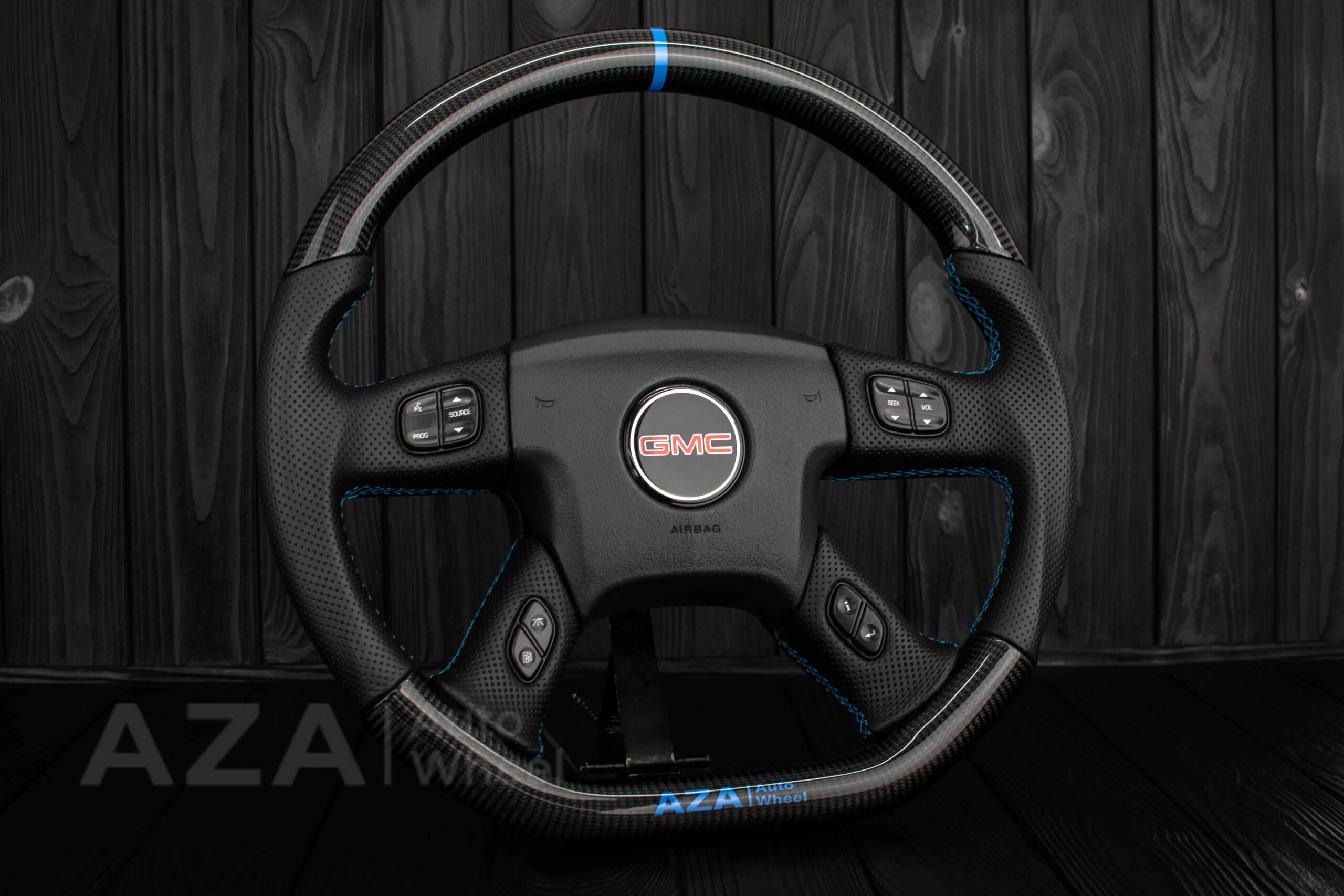Steering wheel GM, Silverado, Sierra, Yukon, H2, Trailblazer (2003+) Carbon fiber/Perforated leather/Light Blue/Aza Auto Wheel Special Edition - Image 4