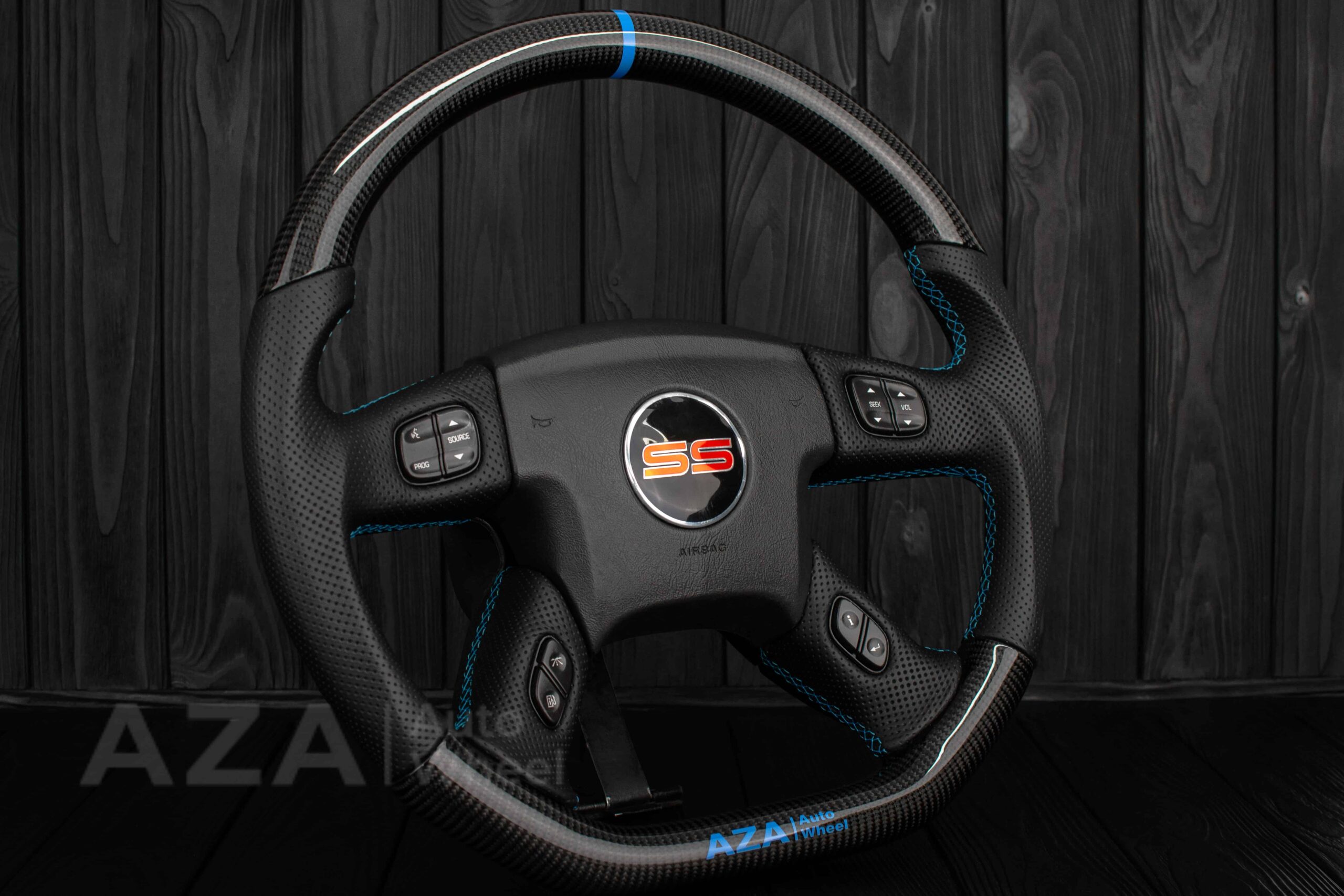 Steering wheel GM, Silverado, Sierra, Yukon, H2, Trailblazer (2003+) Carbon fiber/Perforated leather/Light Blue/Aza Auto Wheel Special Edition - Image 3