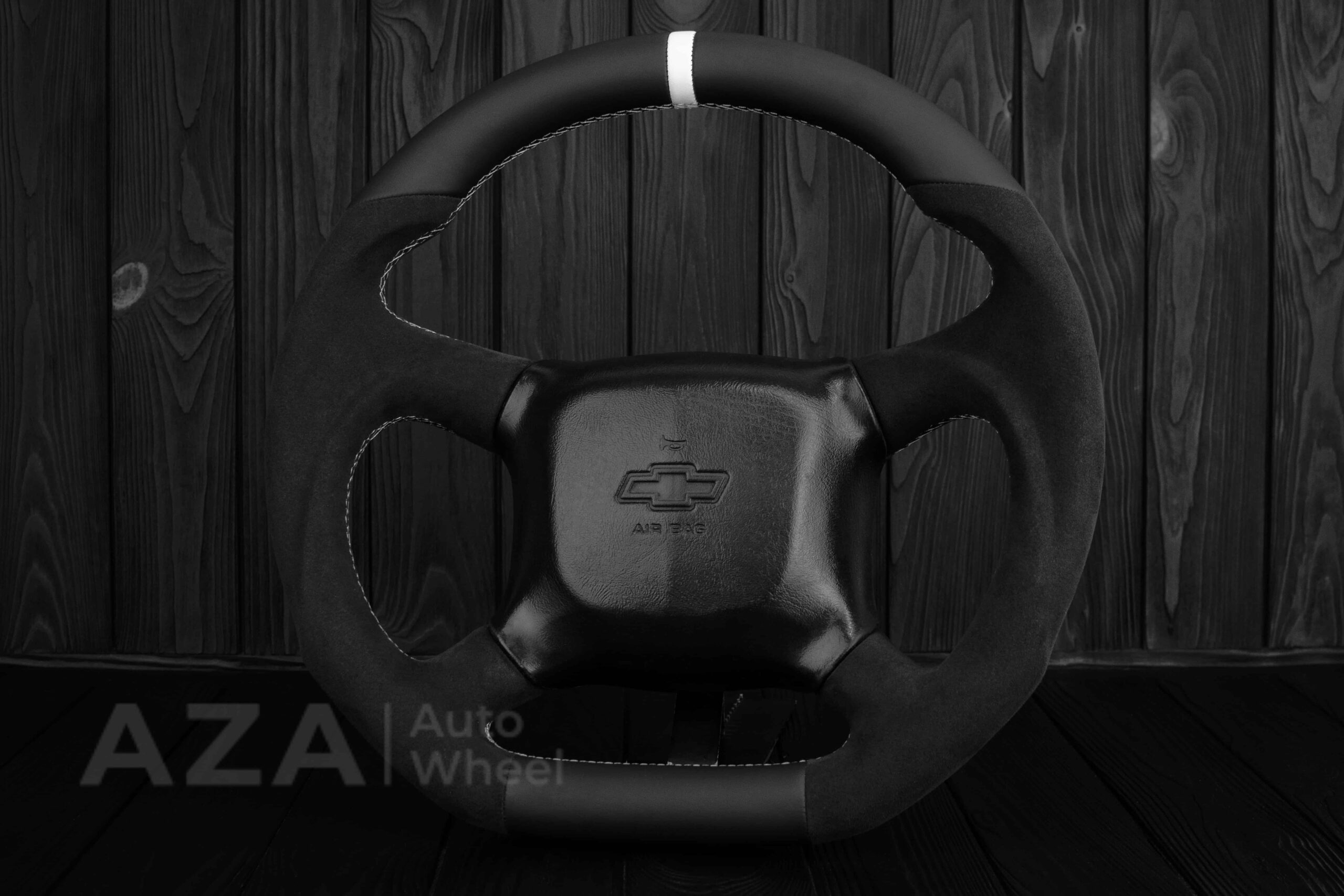 Steering wheel GM, Silverado, Sierra, Escalade, Yukon, S10, Blazer, Tahoe, Suburban (1998-2002) Alcantara/Napa/Light Gray stitch/White Stripe - Image 3