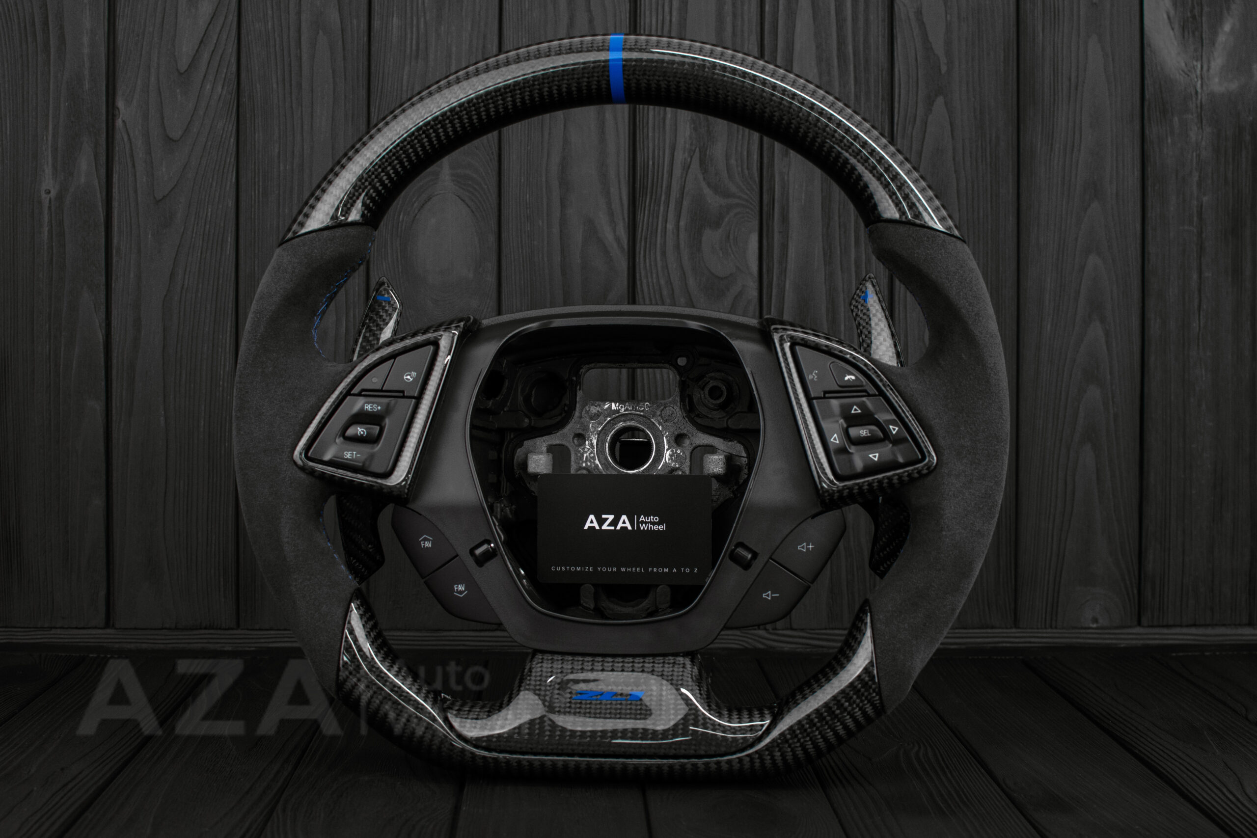 Steering wheel Chevrolet Corvette C7 2014-2019 Flat bottom (can be any color stripe and stitch) Carbon fiber/Alcantara/Blue stripe (can be rev match or +/- logo)