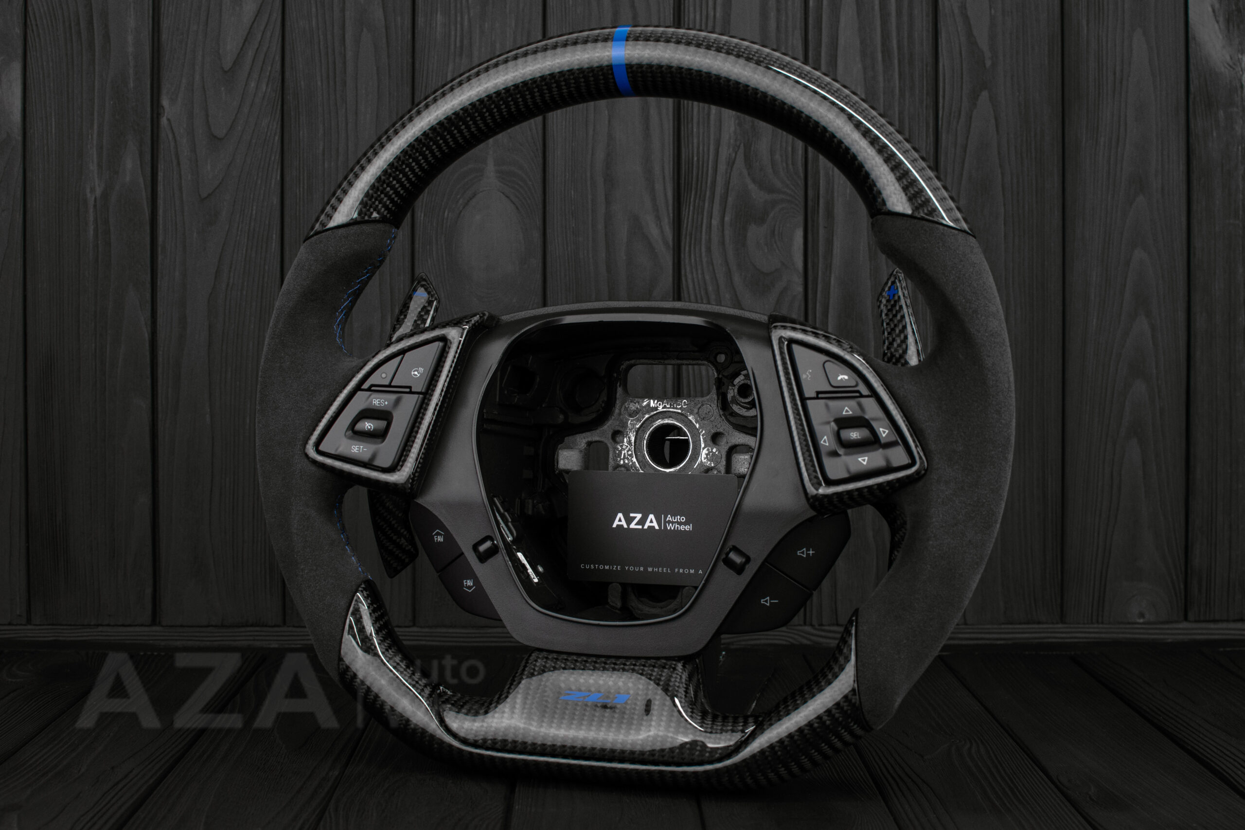 Steering wheel Chevrolet Corvette C7 2014-2019 Flat bottom (can be any color stripe and stitch) Carbon fiber/Alcantara/Blue stripe (can be rev match or +/- logo) - Image 3