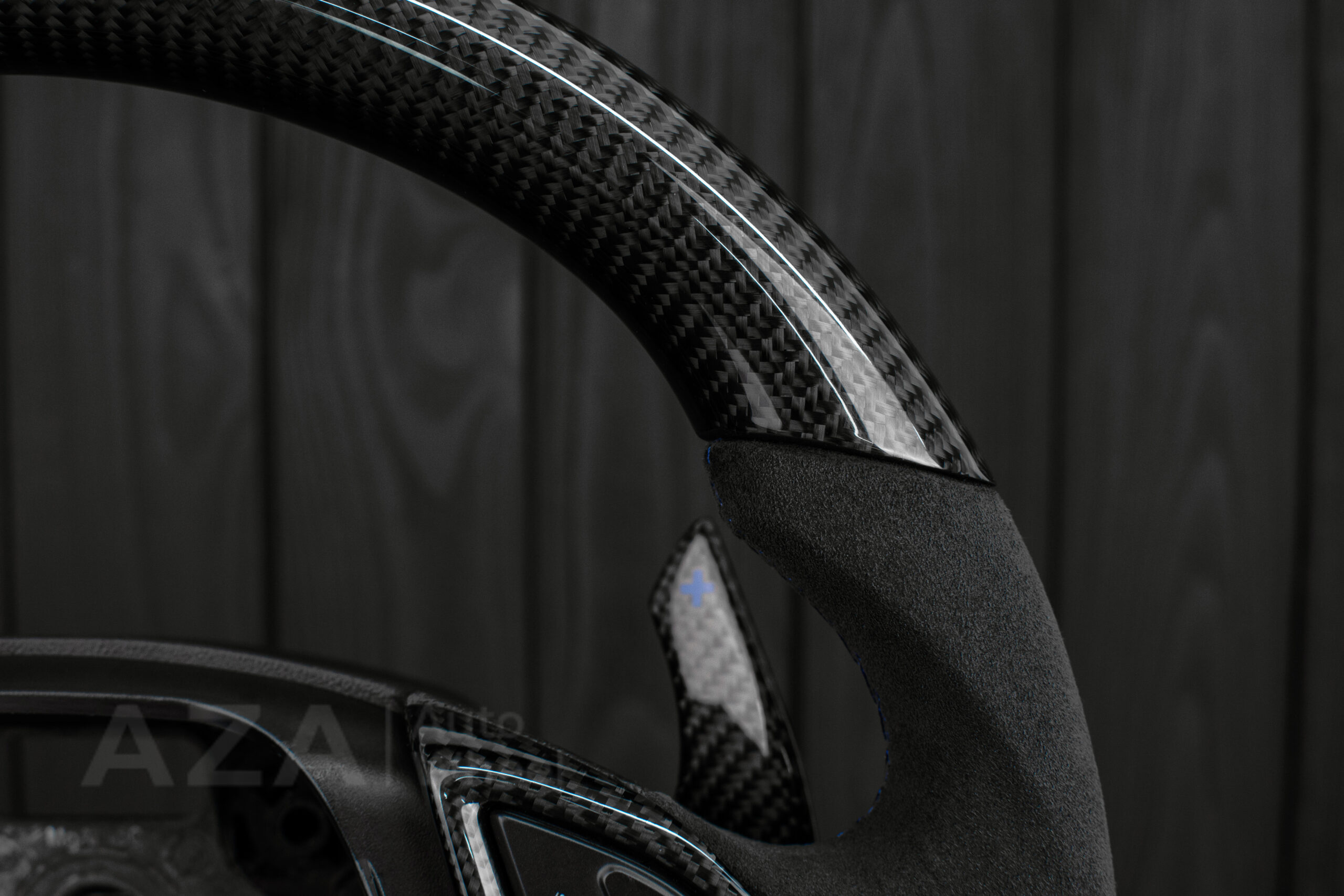 Steering wheel Chevrolet Corvette C7 2014-2019 Flat bottom (can be any color stripe and stitch) Carbon fiber/Alcantara/Blue stripe (can be rev match or +/- logo) - Image 4