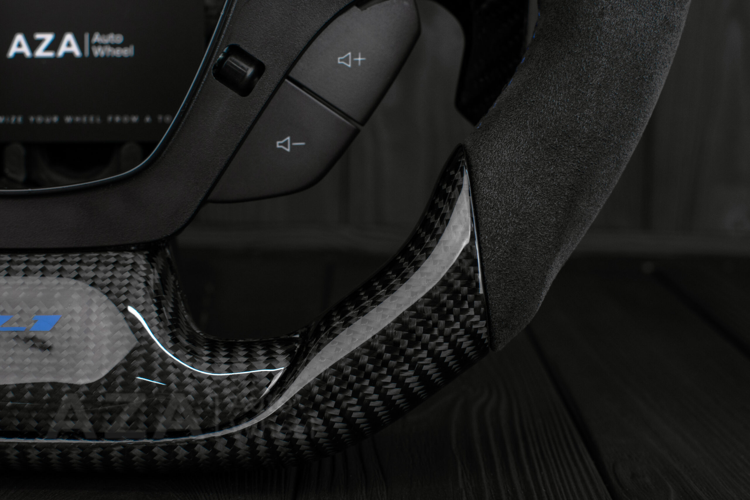 Steering wheel Chevrolet Corvette C7 2014-2019 Flat bottom (can be any color stripe and stitch) Carbon fiber/Alcantara/Blue stripe (can be rev match or +/- logo) - Image 6