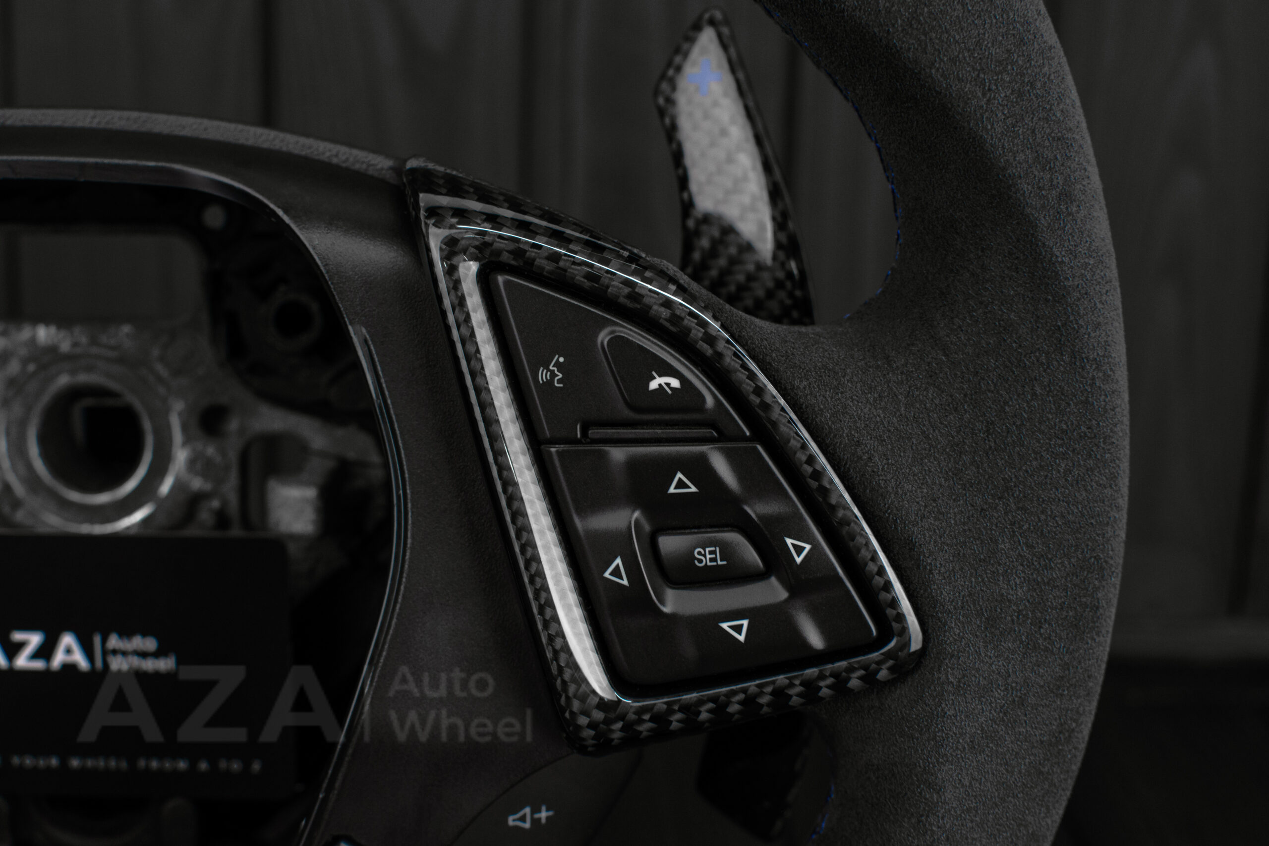Steering wheel Chevrolet Corvette C7 2014-2019 Flat bottom (can be any color stripe and stitch) Carbon fiber/Alcantara/Blue stripe (can be rev match or +/- logo) - Image 7