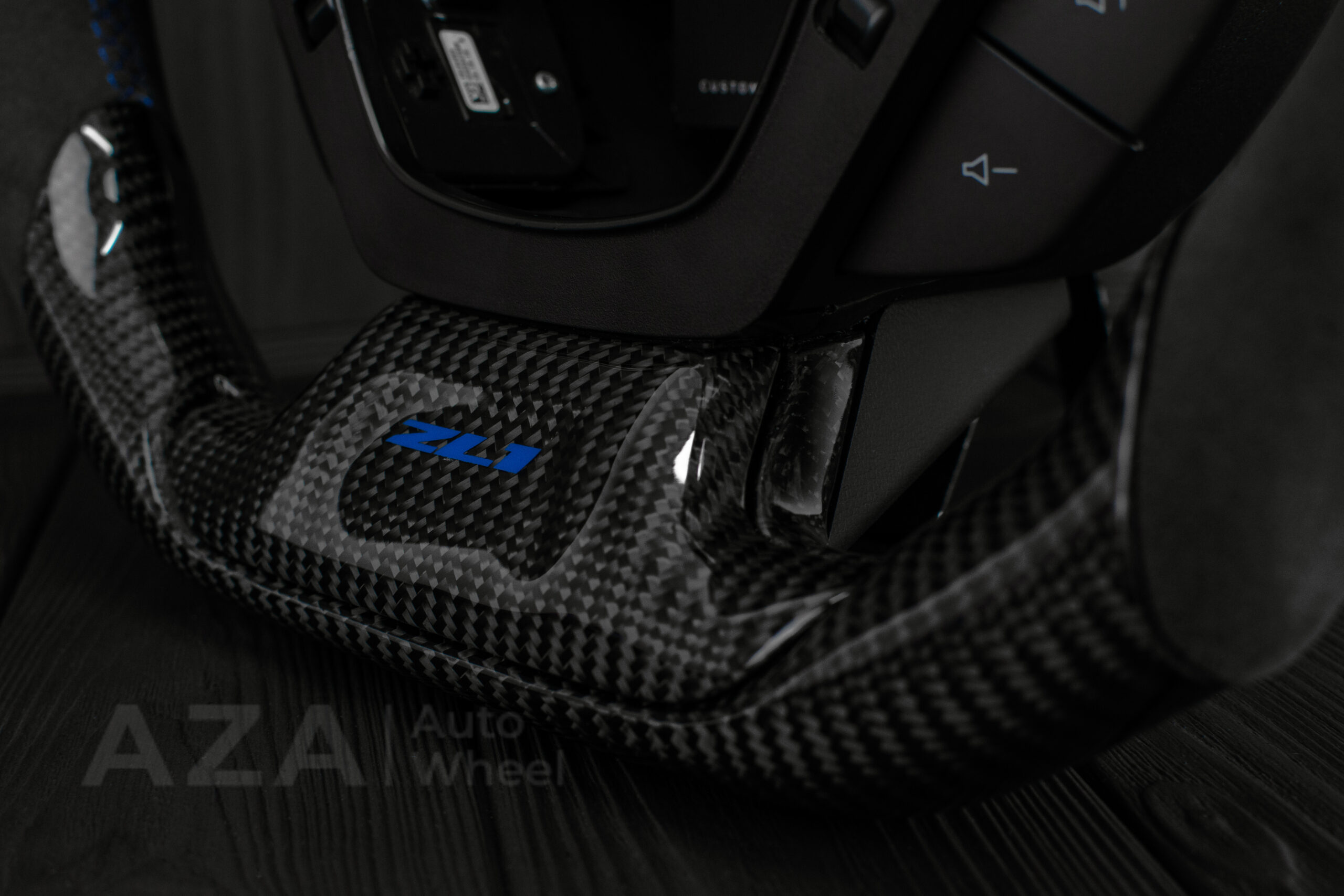 Steering wheel Chevrolet Corvette C7 2014-2019 Flat bottom (can be any color stripe and stitch) Carbon fiber/Alcantara/Blue stripe (can be rev match or +/- logo) - Image 8