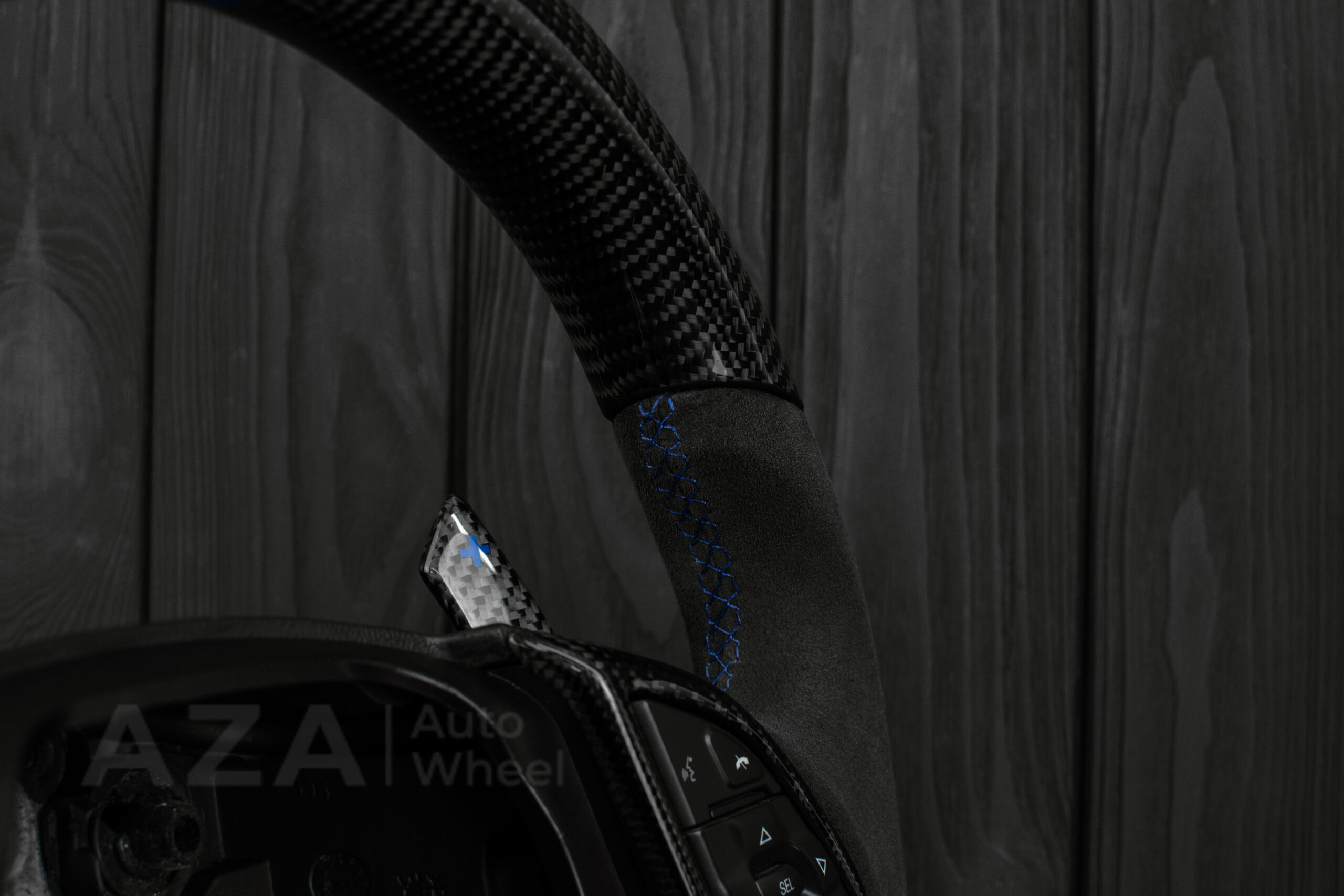 Steering wheel Chevrolet Corvette C7 2014-2019 Flat bottom (can be any color stripe and stitch) Carbon fiber/Alcantara/Blue stripe (can be rev match or +/- logo) - Image 9
