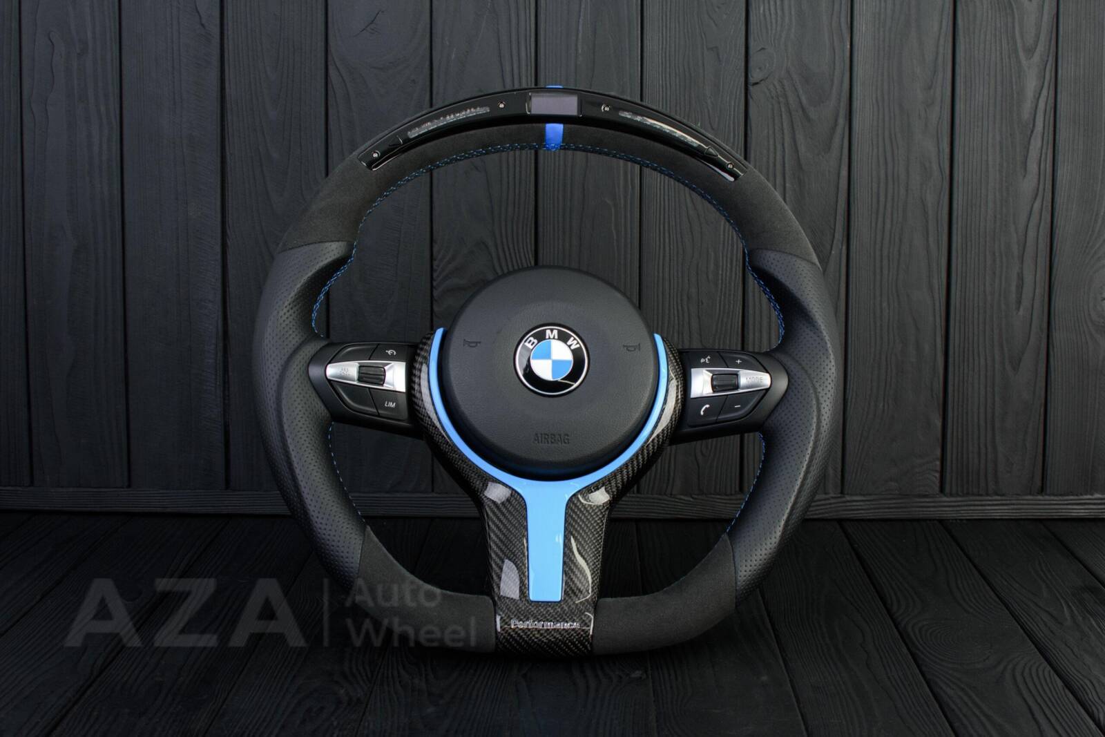 Steering wheel BMW F2X/F3X/F4X Sport Carbon fiber trim/Alcantara/Napa/Led screen/Blue details (can be any color per request)