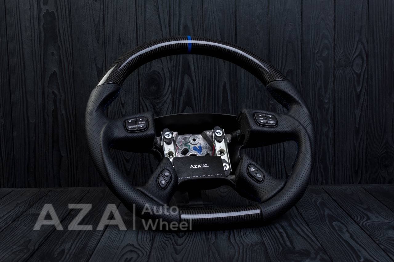 Steering wheel GM, Silverado, Sierra, Yukon, H2, Trailblazer (2003+) Carbon fiber/Perforated leather/Blue stripe - Image 4