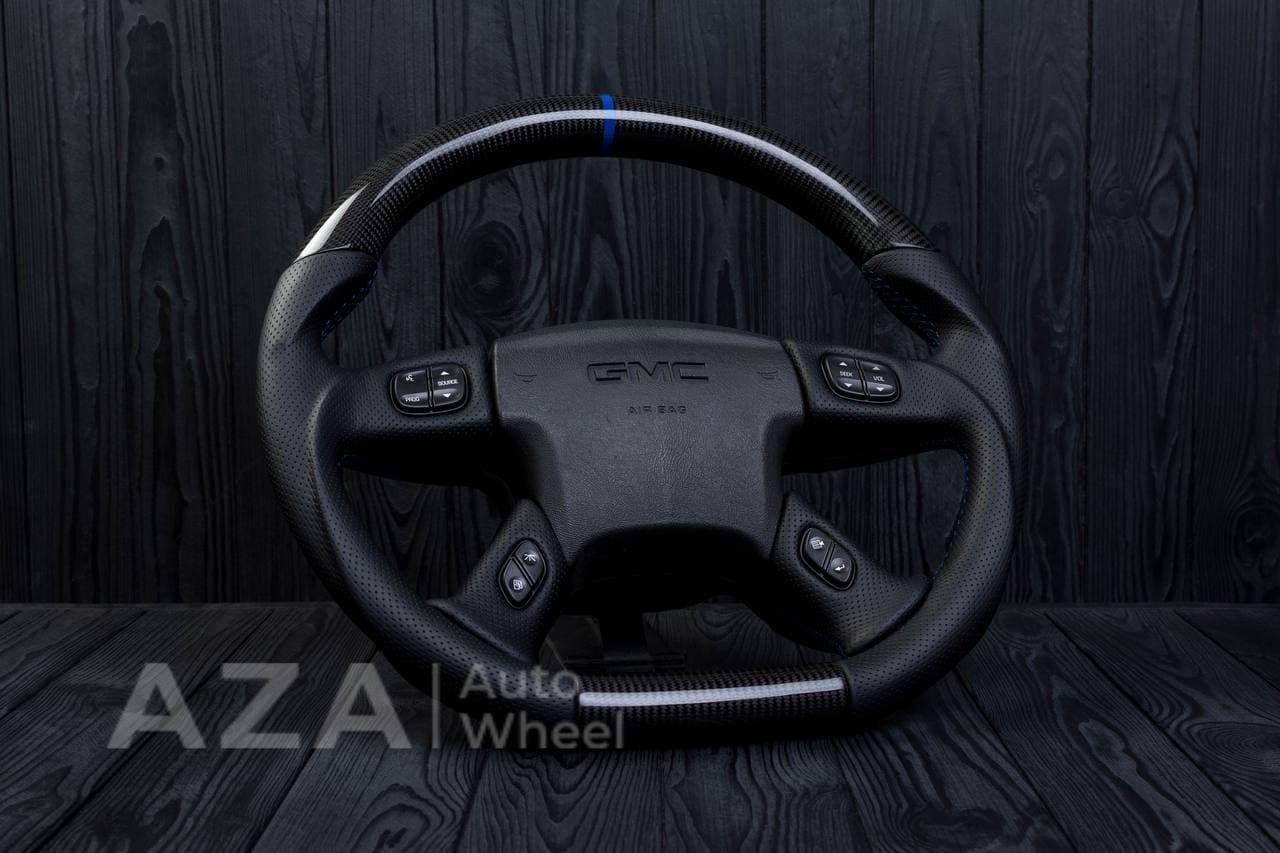 Steering wheel GM, Silverado, Sierra, Yukon, H2, Trailblazer (2003+) Carbon fiber/Perforated leather/Blue stripe - Image 8