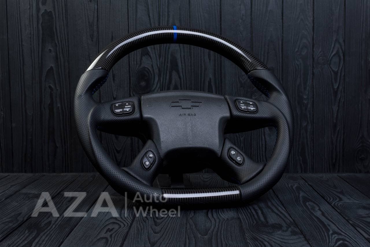 Steering wheel GM, Silverado, Sierra, Yukon, H2, Trailblazer (2003+) Carbon fiber/Perforated leather/Blue stripe - Image 7