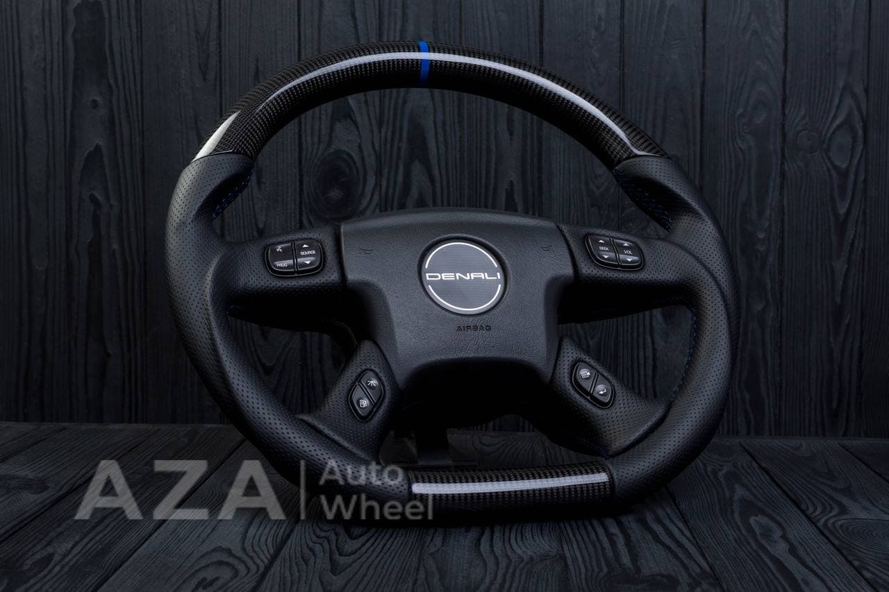 Steering wheel GM, Silverado, Sierra, Yukon, H2, Trailblazer (2003+) Carbon fiber/Perforated leather/Blue stripe - Image 6