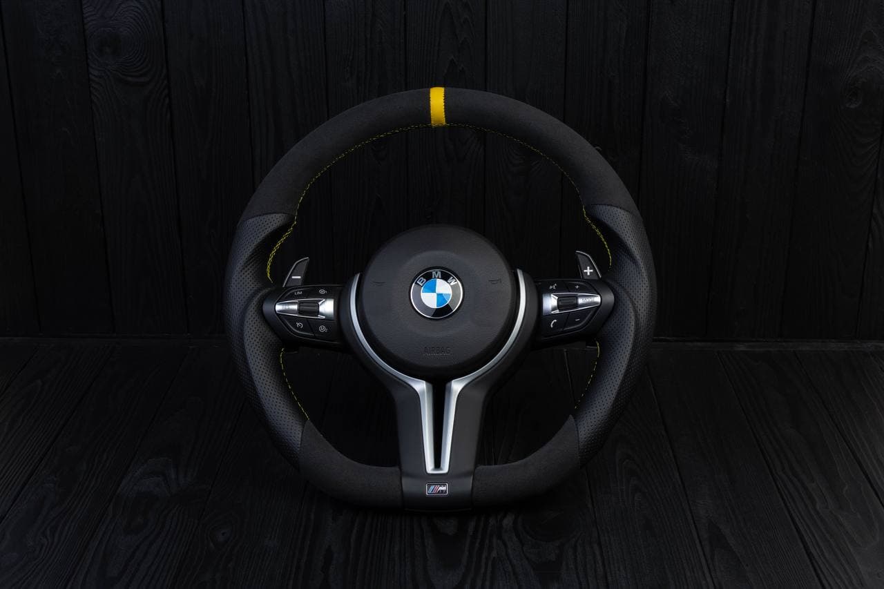 Steering wheel BMW 2011-2016 F10 5/6/7 SERIES LESS TRIMS/buttons/paddles/no air bag Alcantara/Perforated leather/Yellow stripe