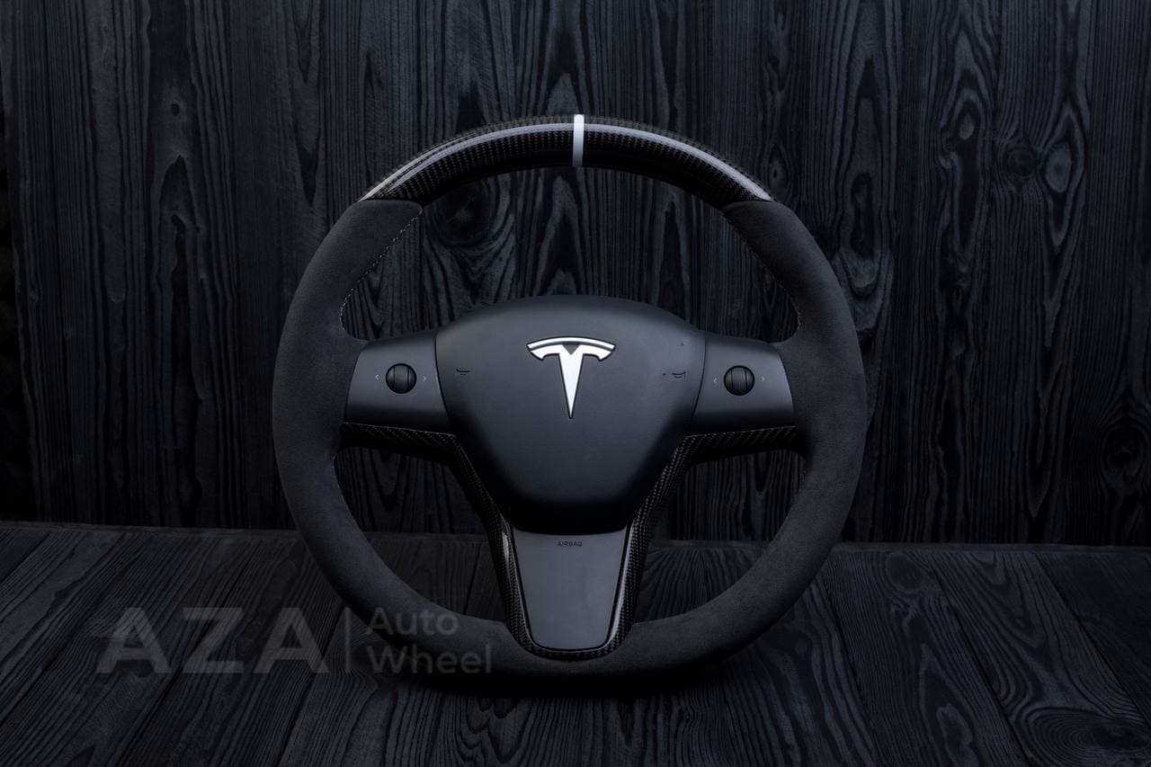Steering wheel Tesla Model 3/Y Carbon fiber/Alcantara/White stripe
