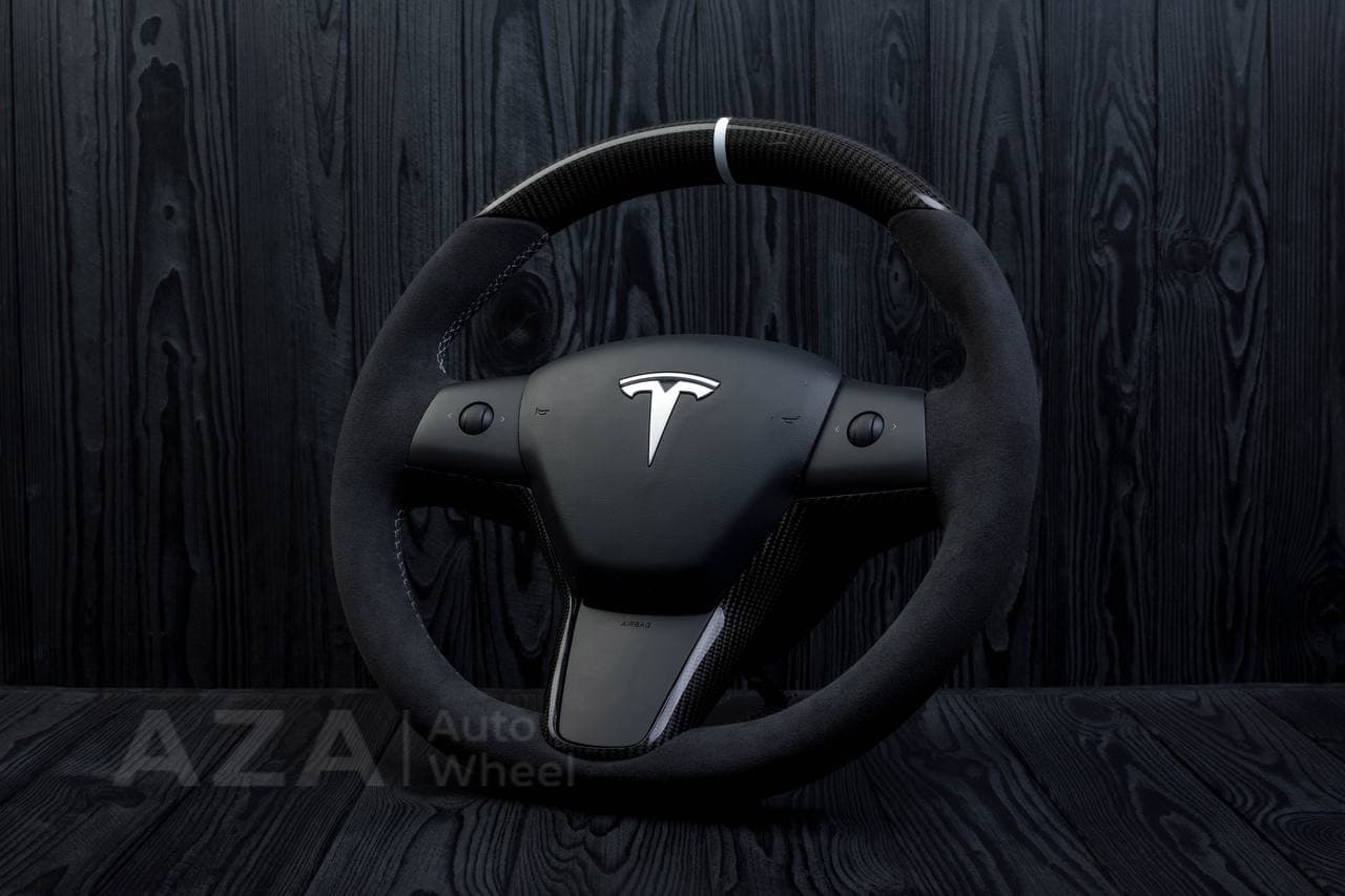 Steering wheel Tesla Model 3/Y Carbon fiber/Alcantara/White stripe - Image 3